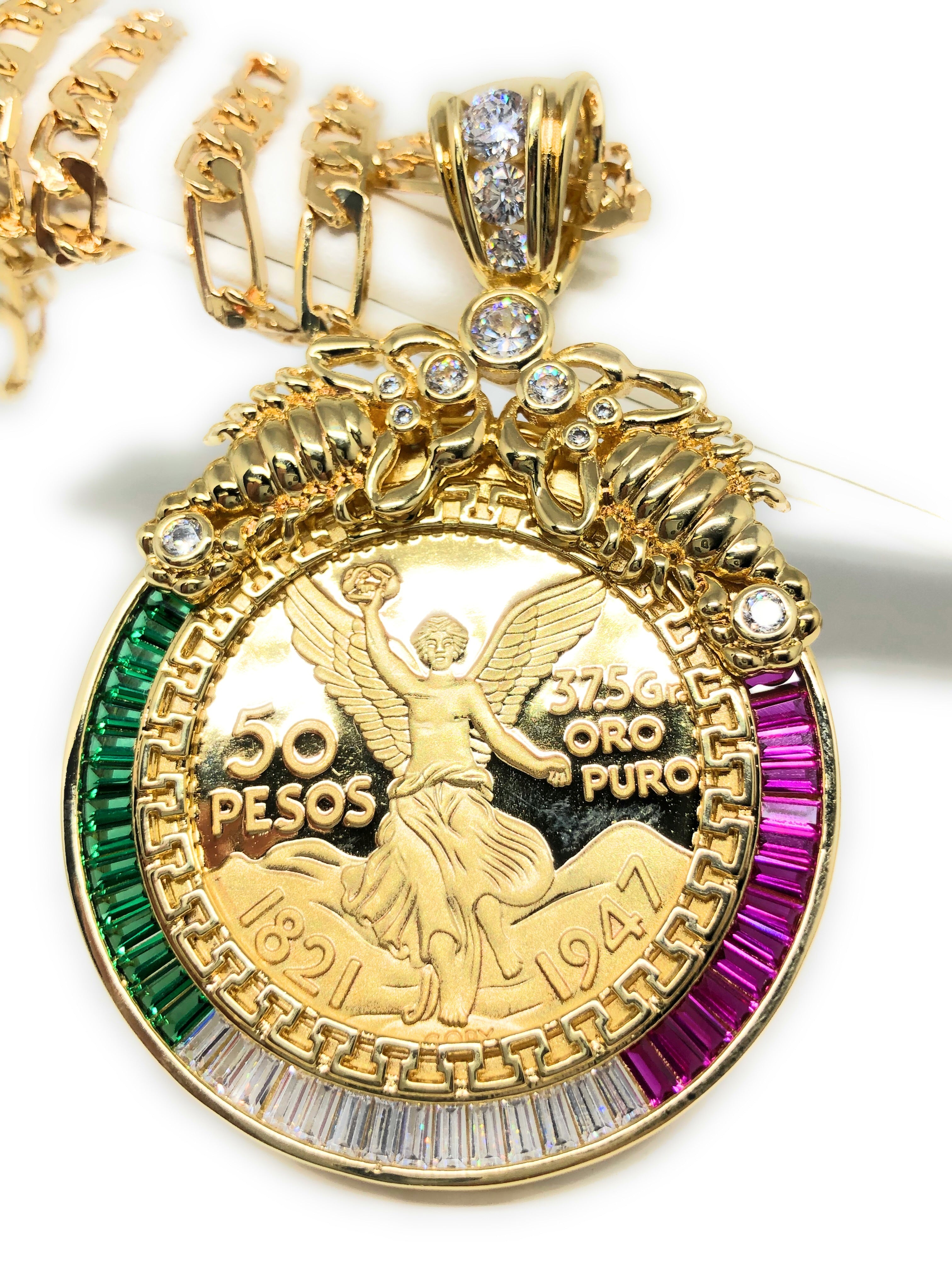 Gold Plated Coin Centenario Mexicano Moneda 50 Pesos Pendant Chain CZ Oro Cadena 26"
