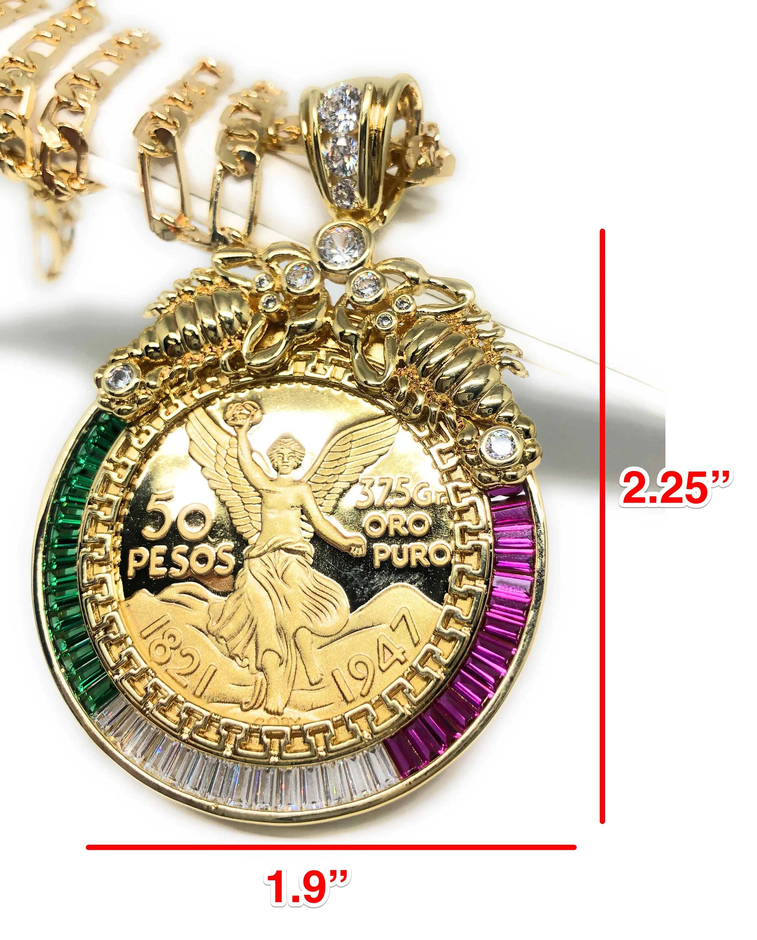 Gold Plated Coin Centenario Mexicano Moneda 50 Pesos Pendant Chain CZ Oro Cadena 26" - Image 2