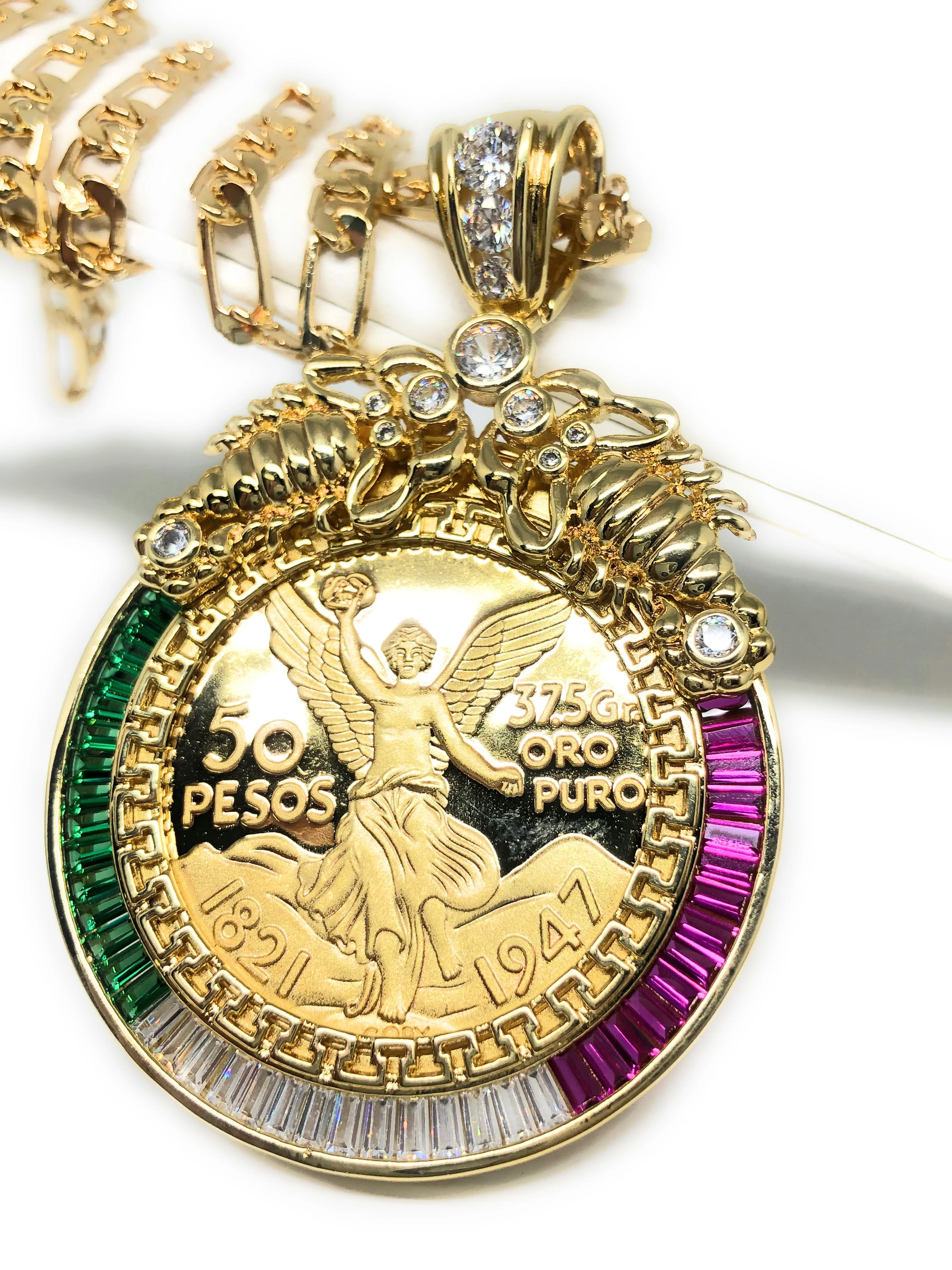 Gold Plated Coin Centenario Mexicano Moneda 50 Pesos Pendant Chain CZ Oro Cadena 26" - Image 3