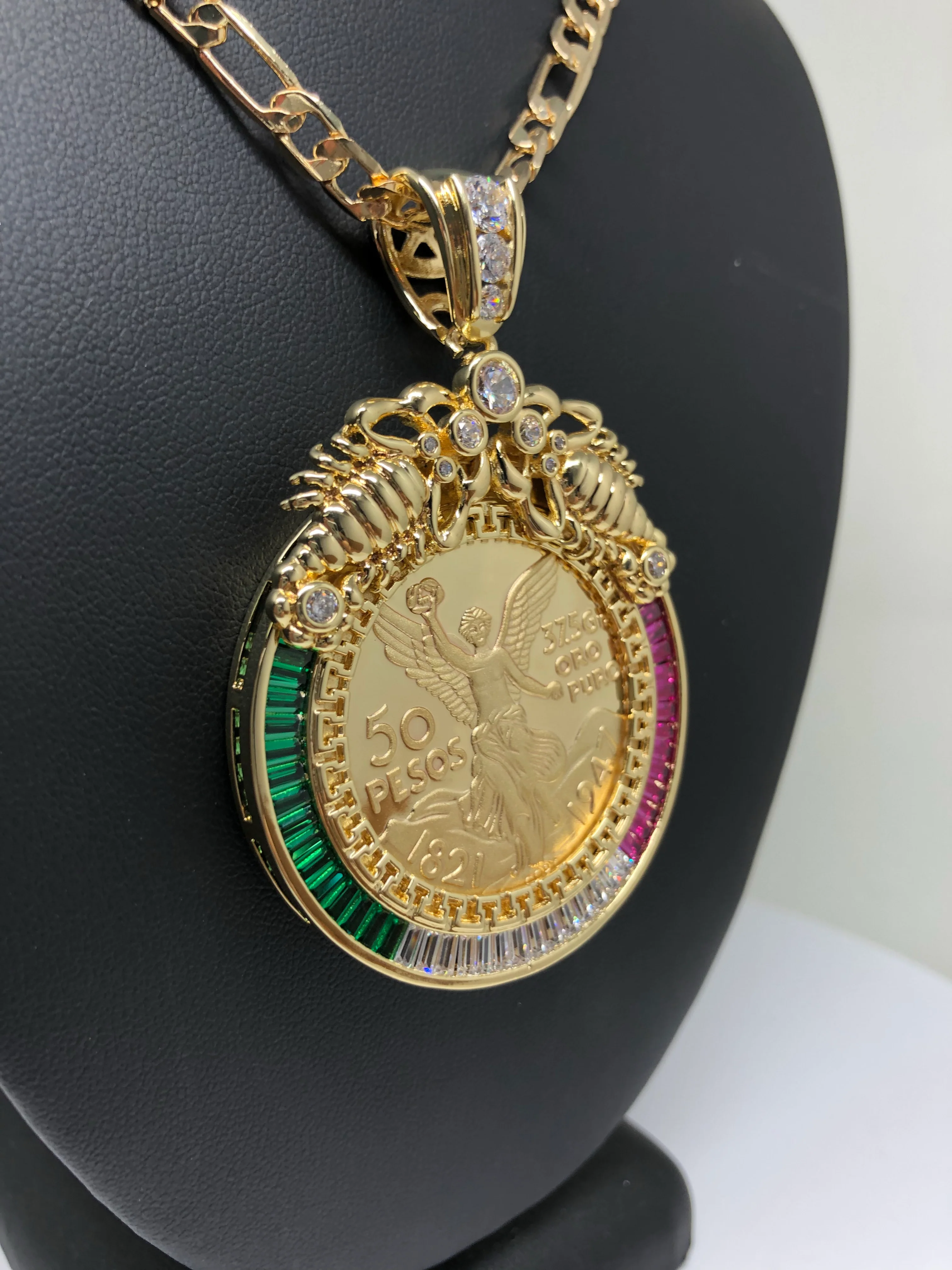 Gold Plated Coin Centenario Mexicano Moneda 50 Pesos Pendant Chain CZ Oro Cadena 26" - Image 4