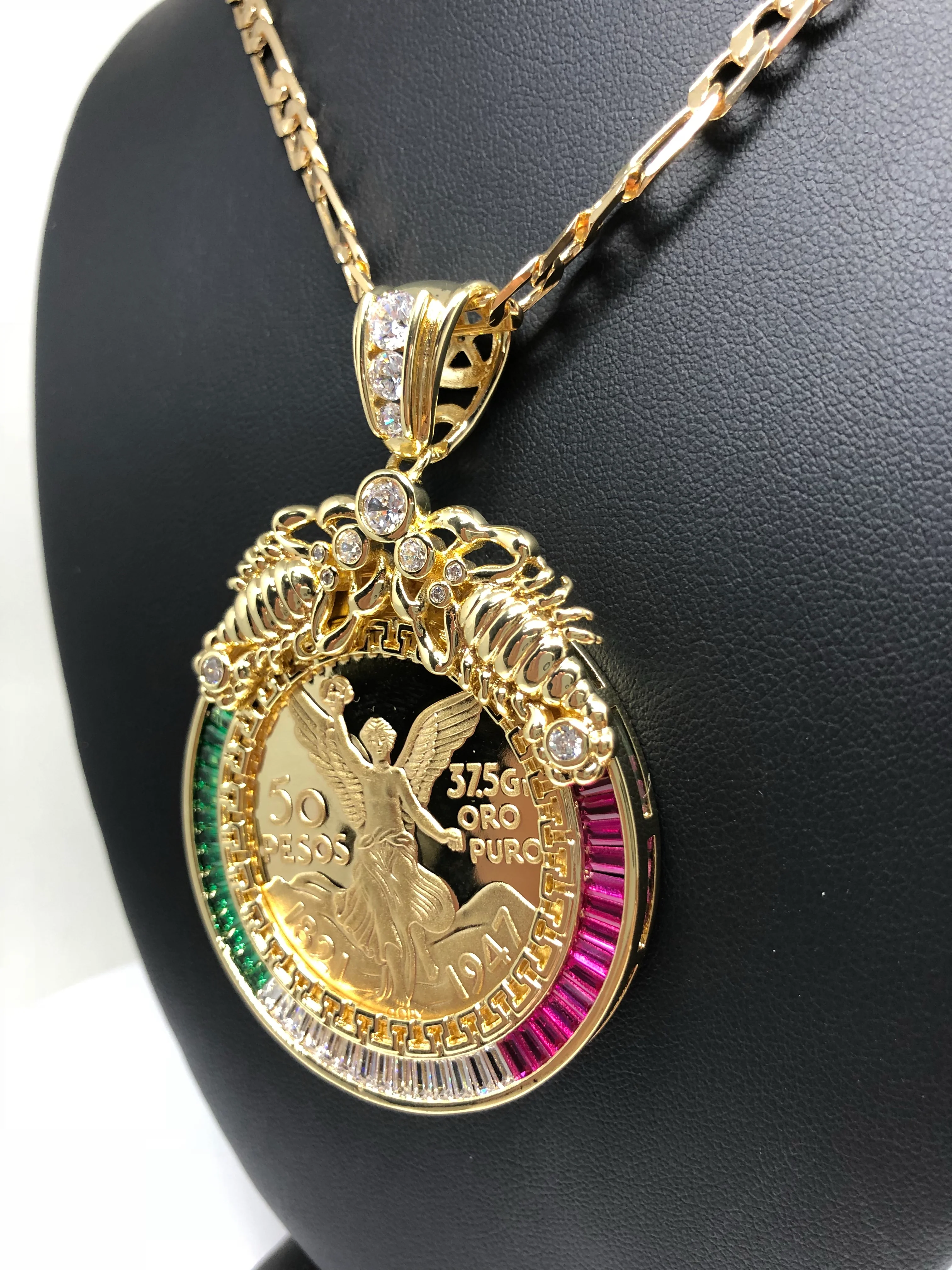 Gold Plated Coin Centenario Mexicano Moneda 50 Pesos Pendant Chain CZ Oro Cadena 26" - Image 6