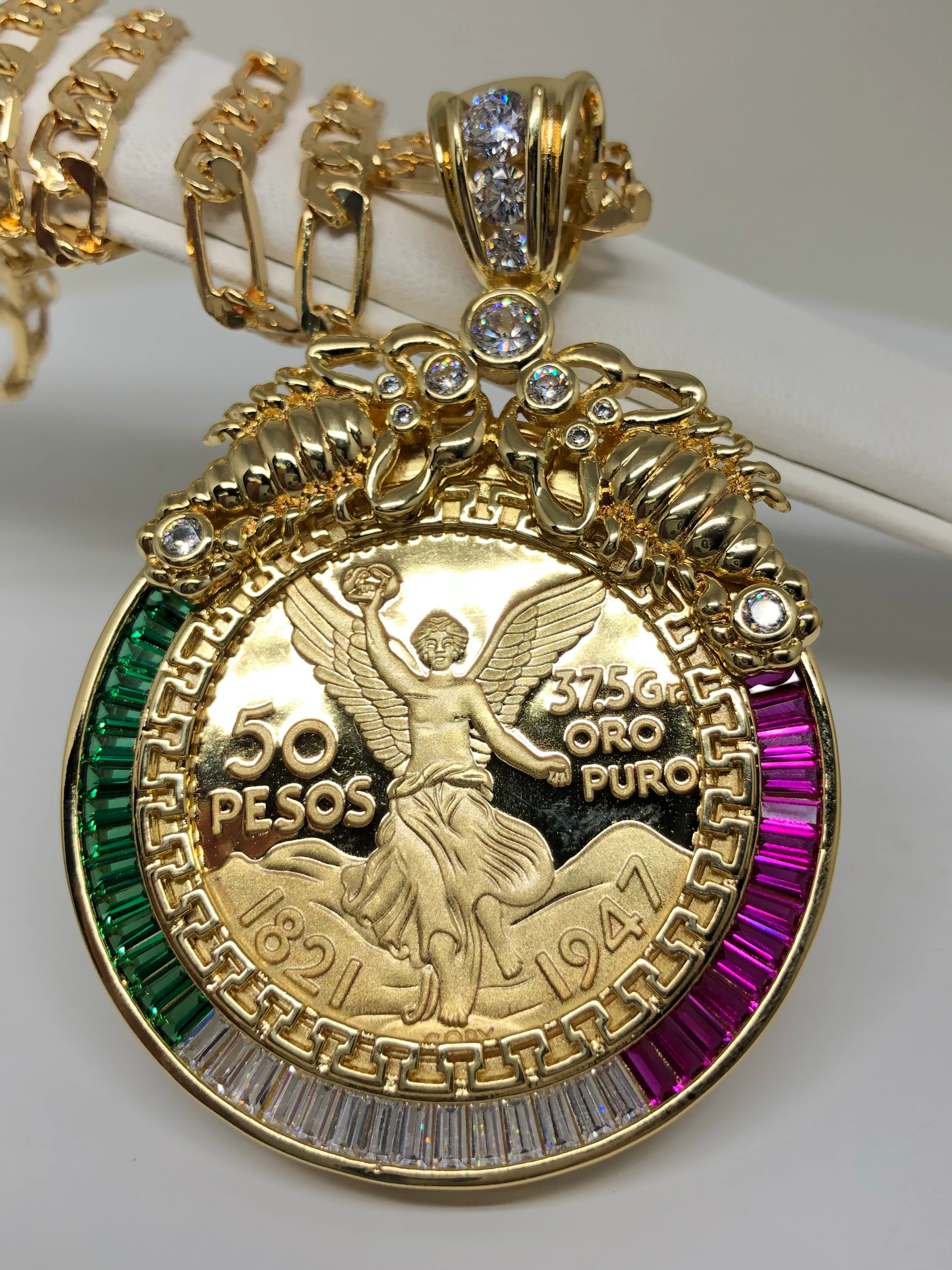 Gold Plated Coin Centenario Mexicano Moneda 50 Pesos Pendant Chain CZ Oro Cadena 26" - Image 7