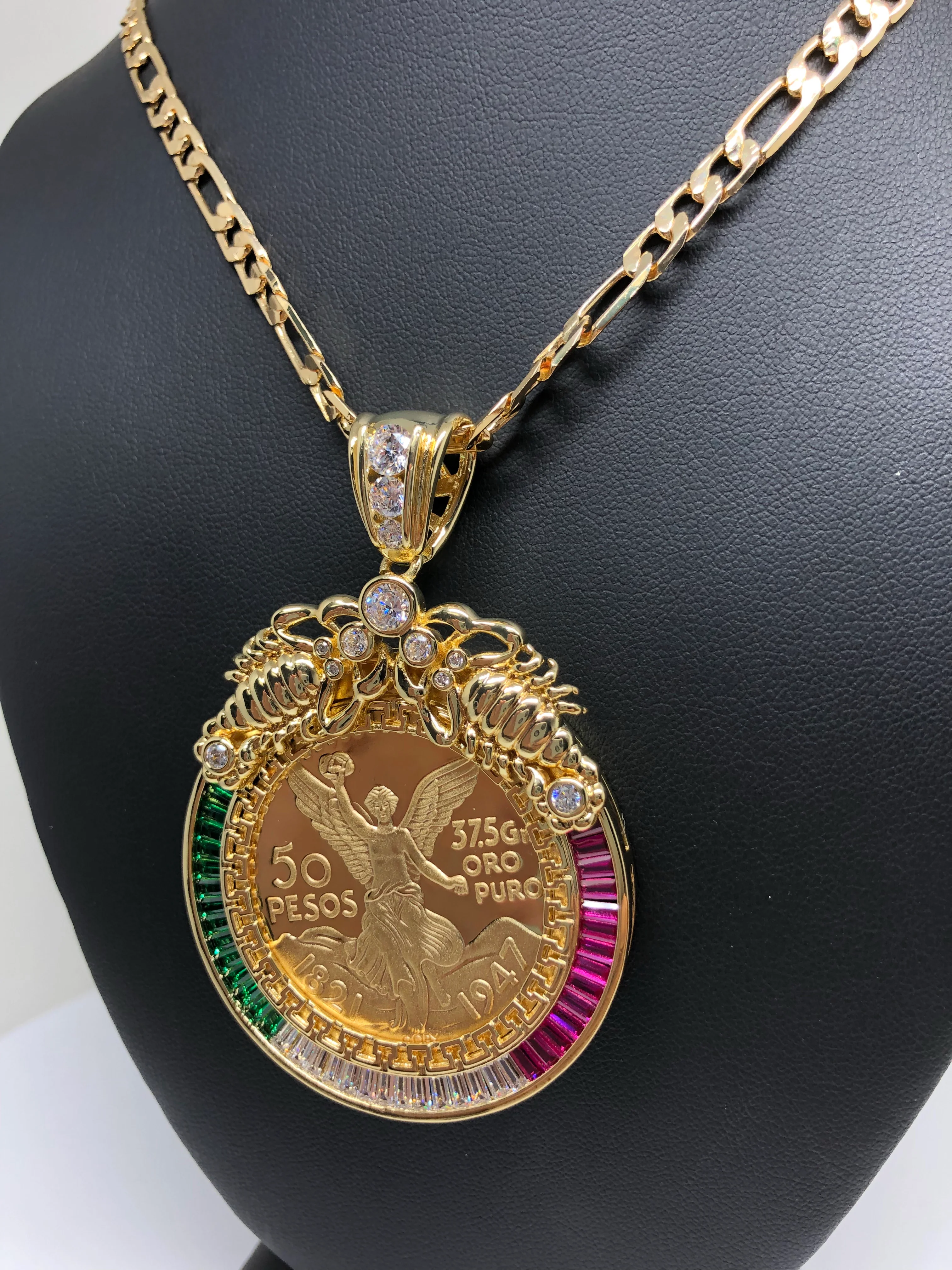 Gold Plated Coin Centenario Mexicano Moneda 50 Pesos Pendant Chain CZ Oro Cadena 26" - Image 9