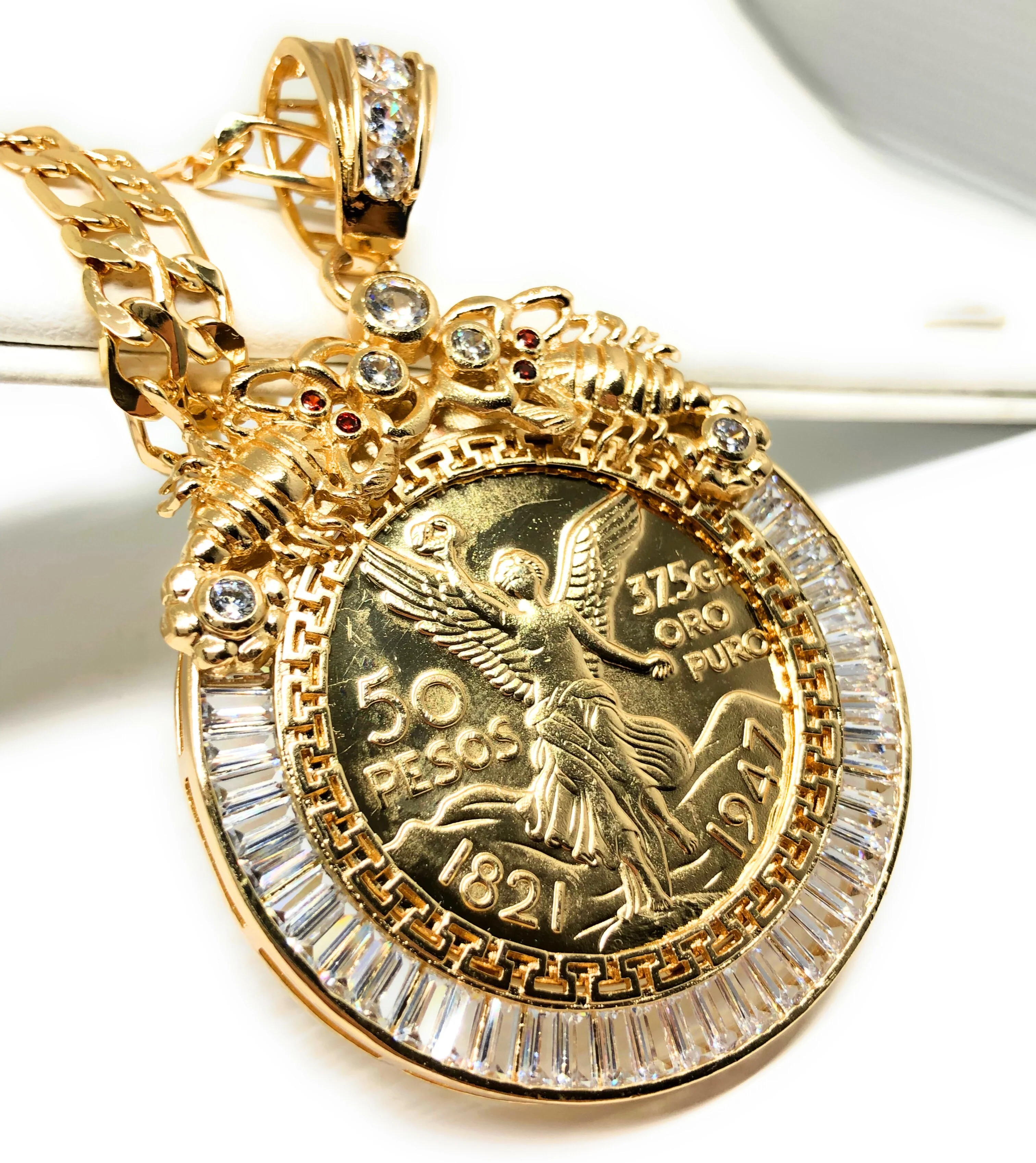 Gold Plated Coin Centenario Mexicano Moneda 50 Pesos Pendant Chain CZ Oro Cadena 26" - Image 3
