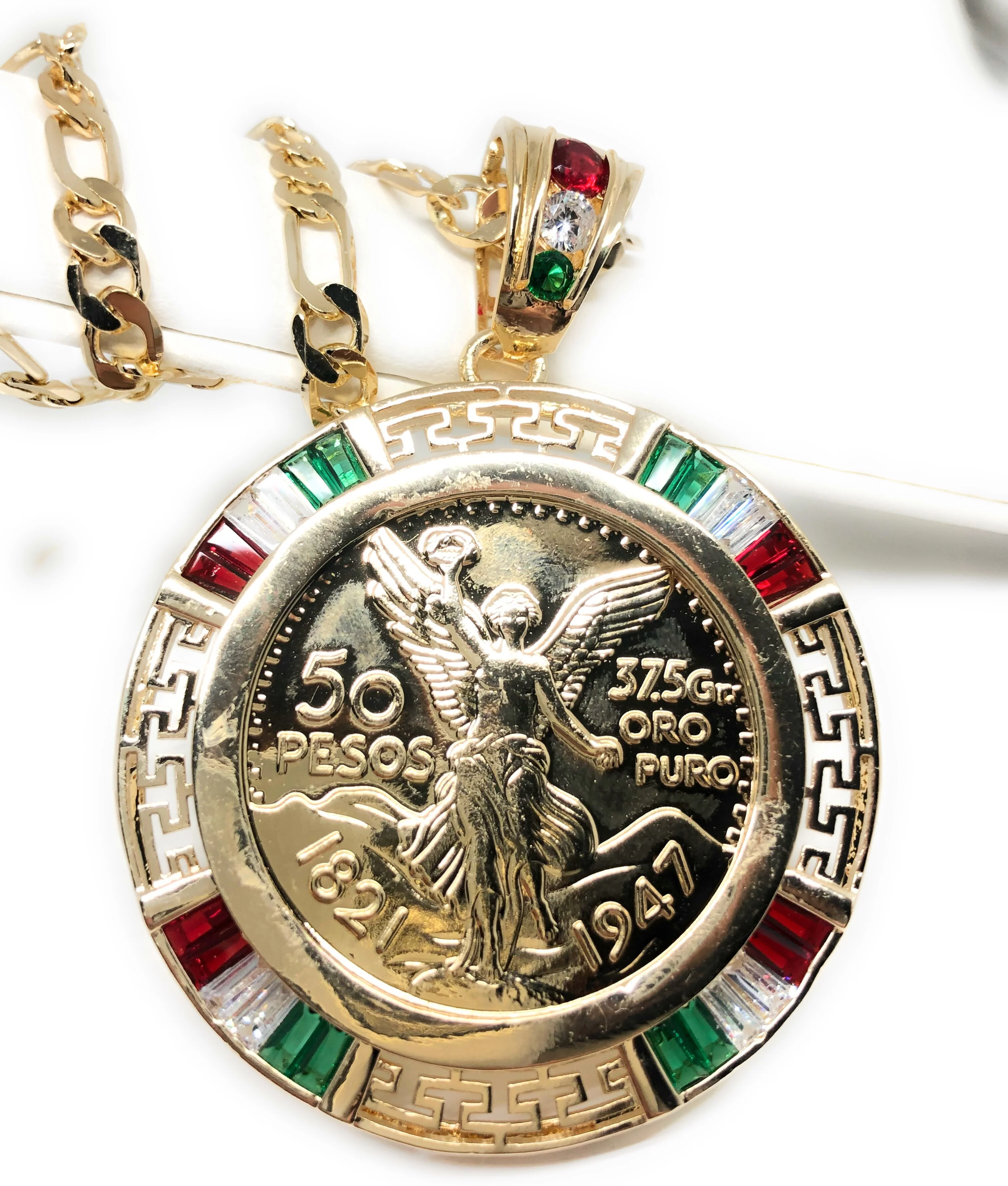 Gold Plated Coin Centenario Mexicano Moneda 50 Pesos Pendant Chain CZ Oro Cadena 26" - Image 3