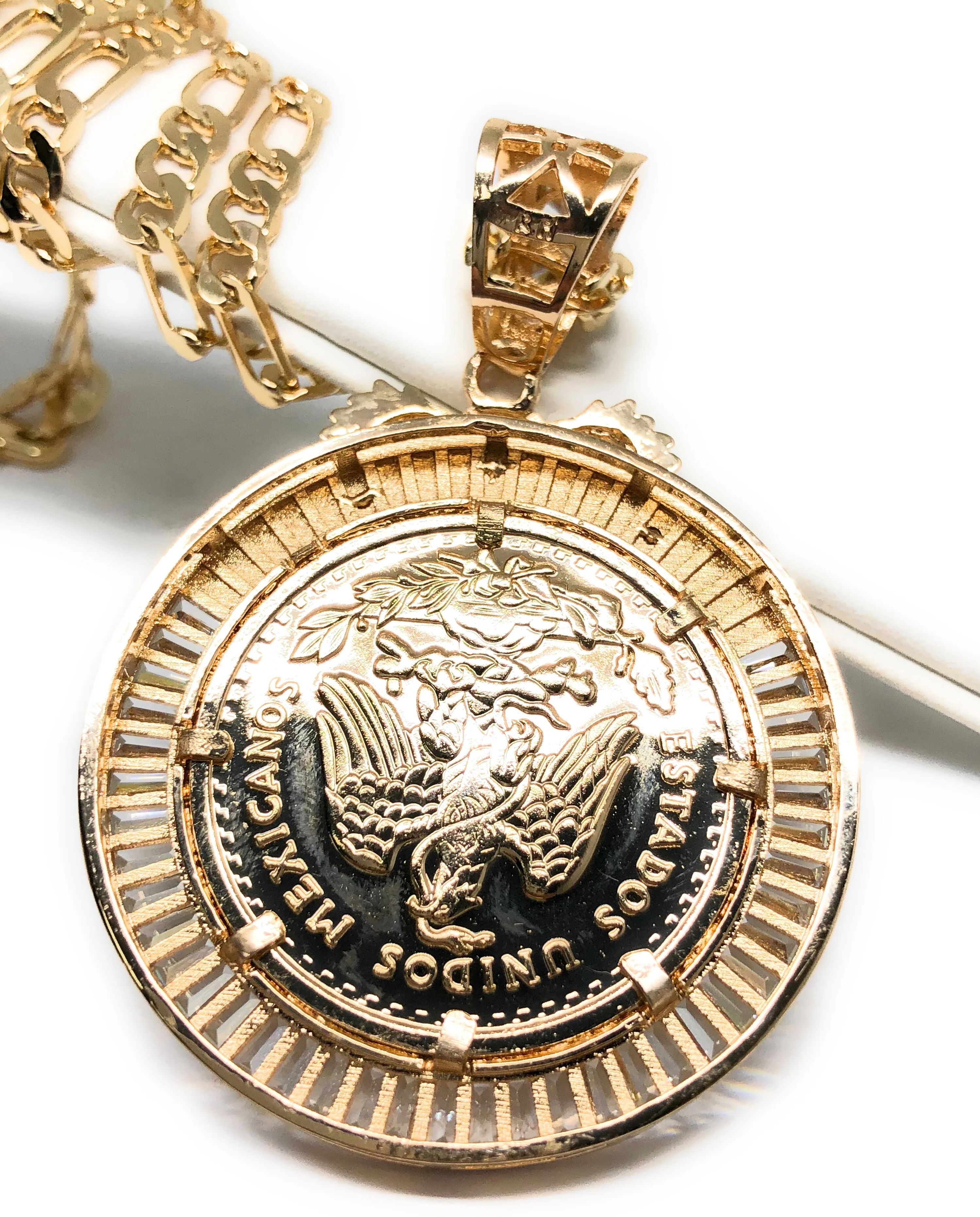 Gold Plated Coin Centenario Mexicano Moneda 50 Pesos Pendant Chain CZ Oro Cadena 26" - Image 3