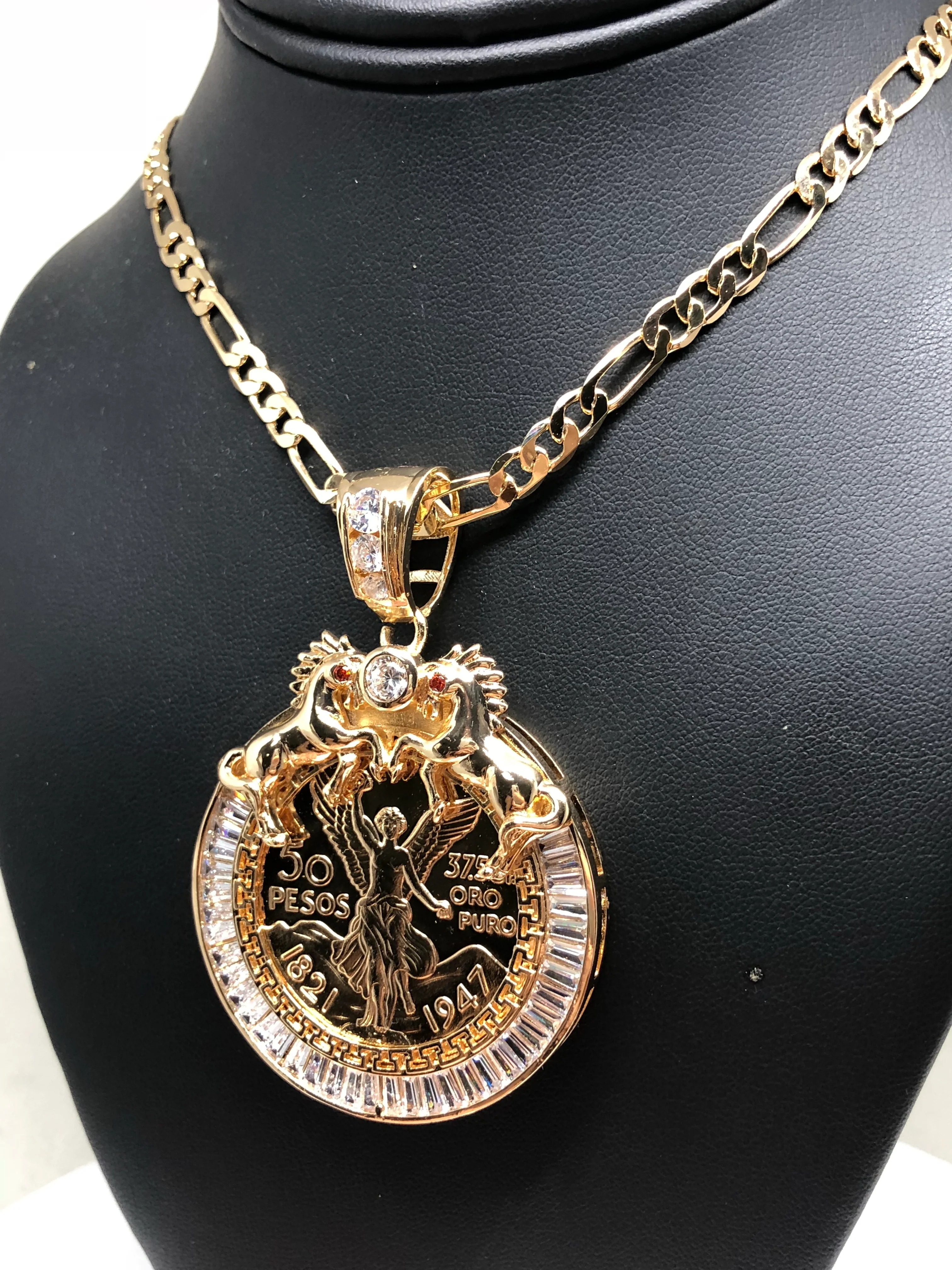Gold Plated Coin Centenario Mexicano Moneda 50 Pesos Pendant Chain CZ Oro Cadena 26" - Image 4