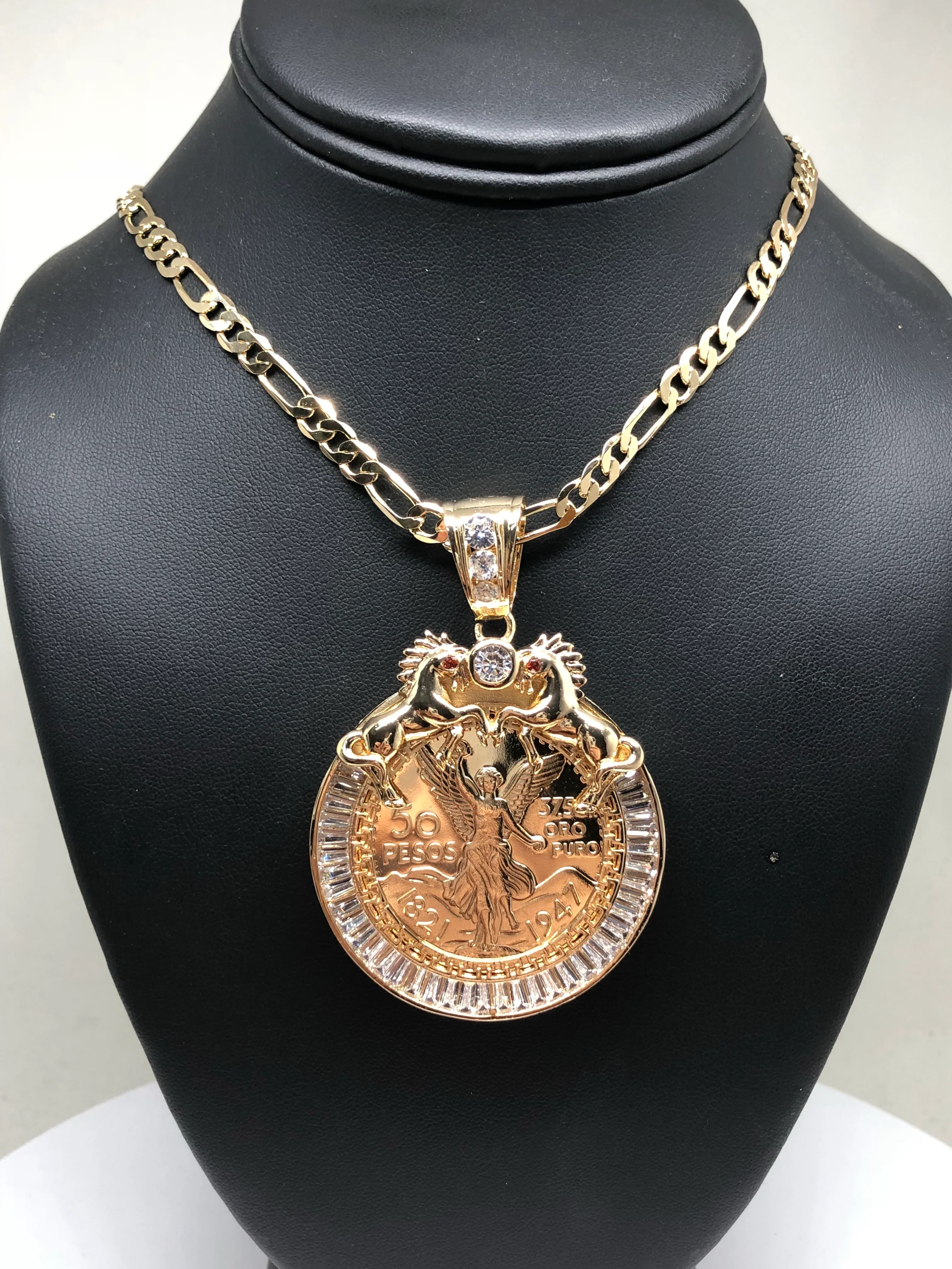 Gold Plated Coin Centenario Mexicano Moneda 50 Pesos Pendant Chain CZ Oro Cadena 26" - Image 5