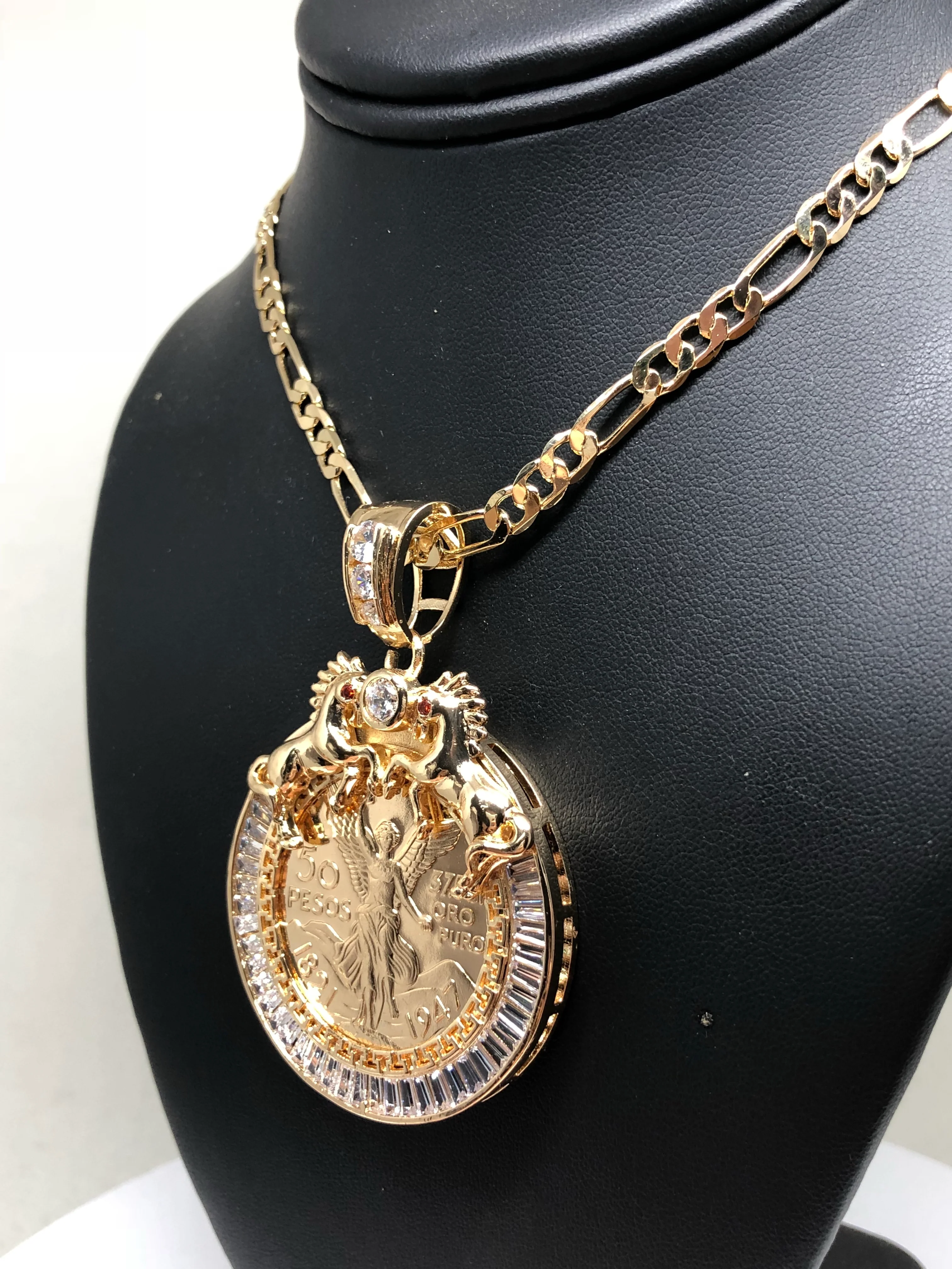 Gold Plated Coin Centenario Mexicano Moneda 50 Pesos Pendant Chain CZ Oro Cadena 26" - Image 6