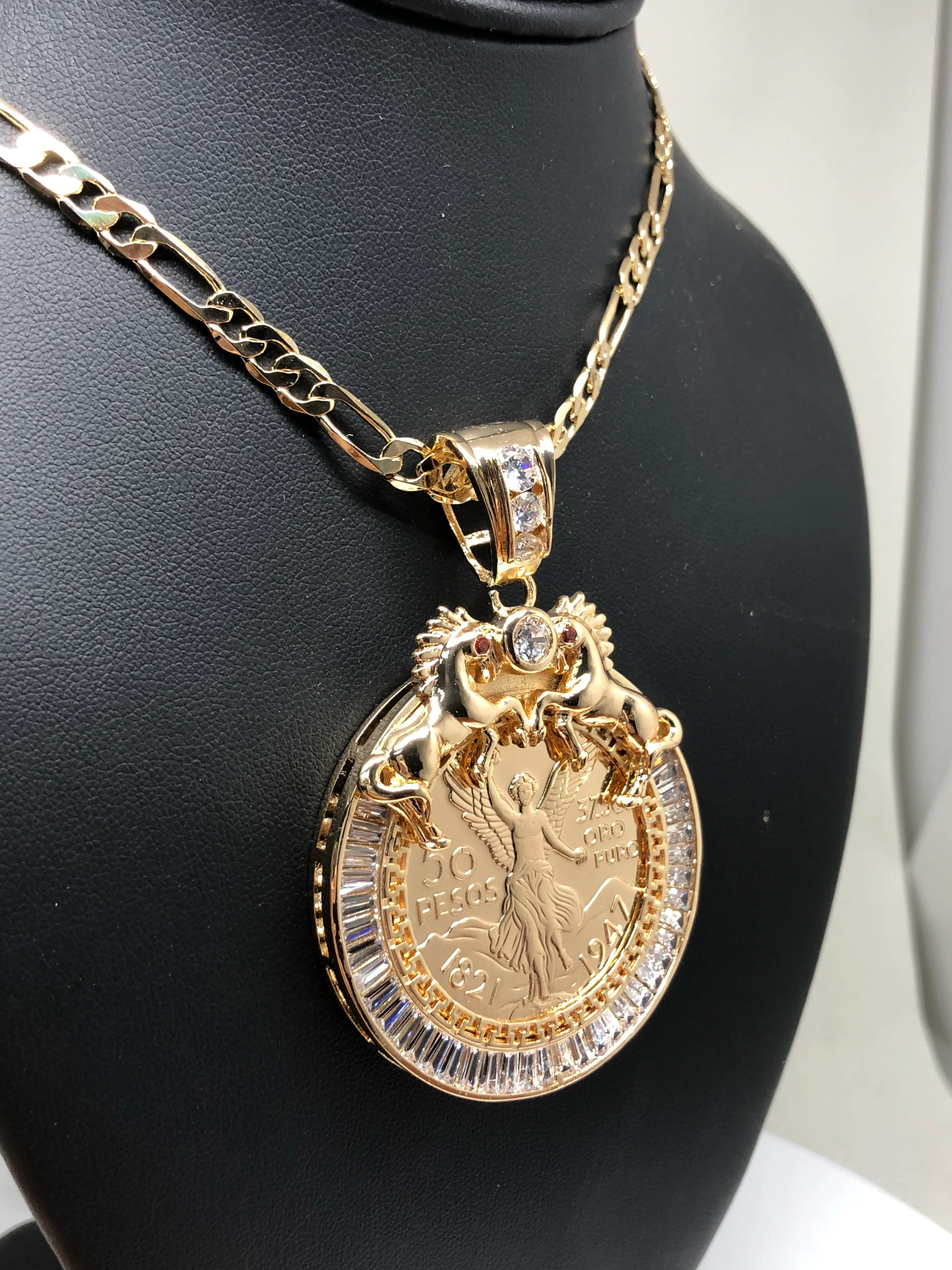 Gold Plated Coin Centenario Mexicano Moneda 50 Pesos Pendant Chain CZ Oro Cadena 26" - Image 9