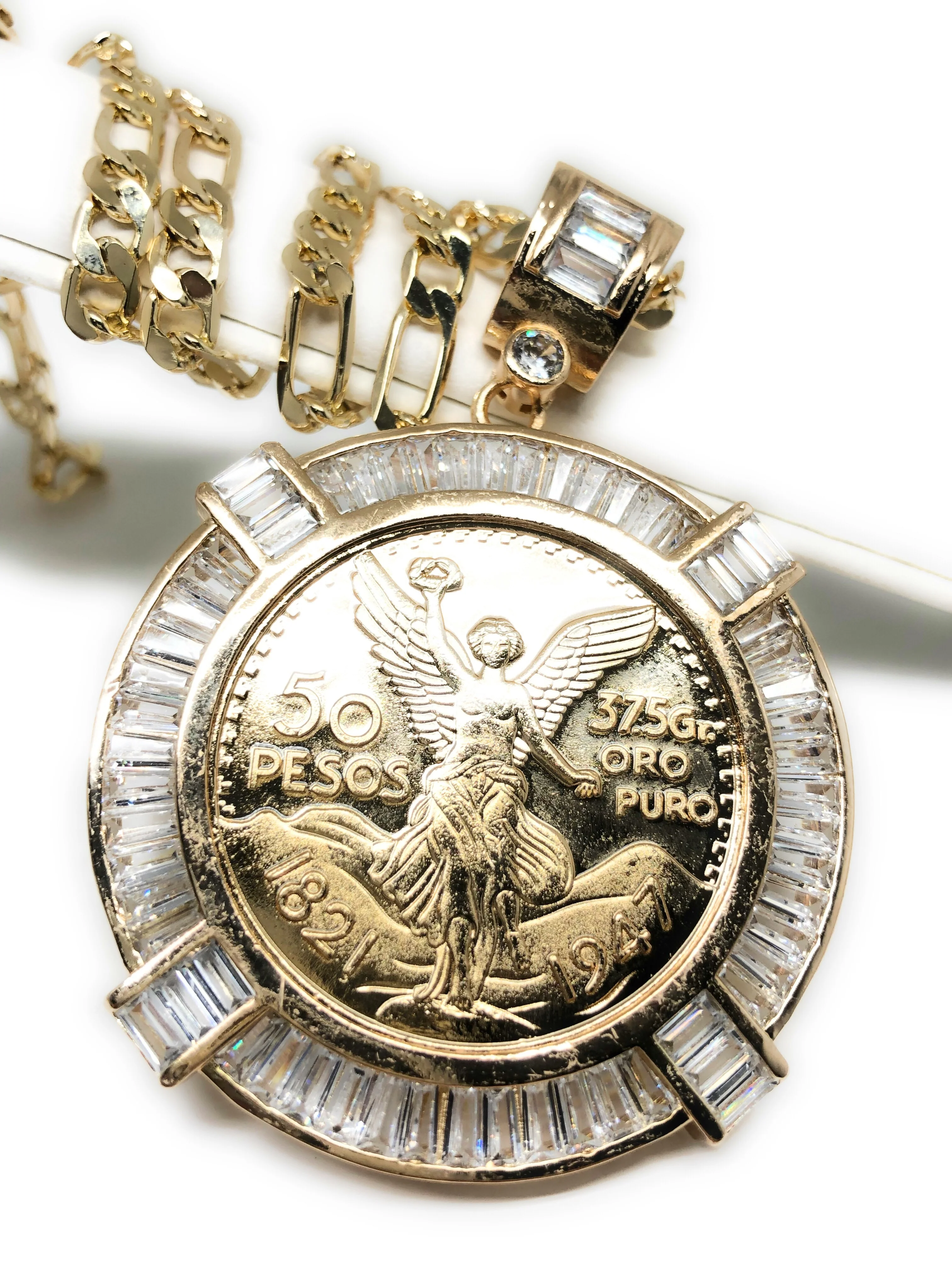 Gold Plated Coin Centenario Mexicano Moneda 50 Pesos Pendant Chain CZ Oro Cadena 26"