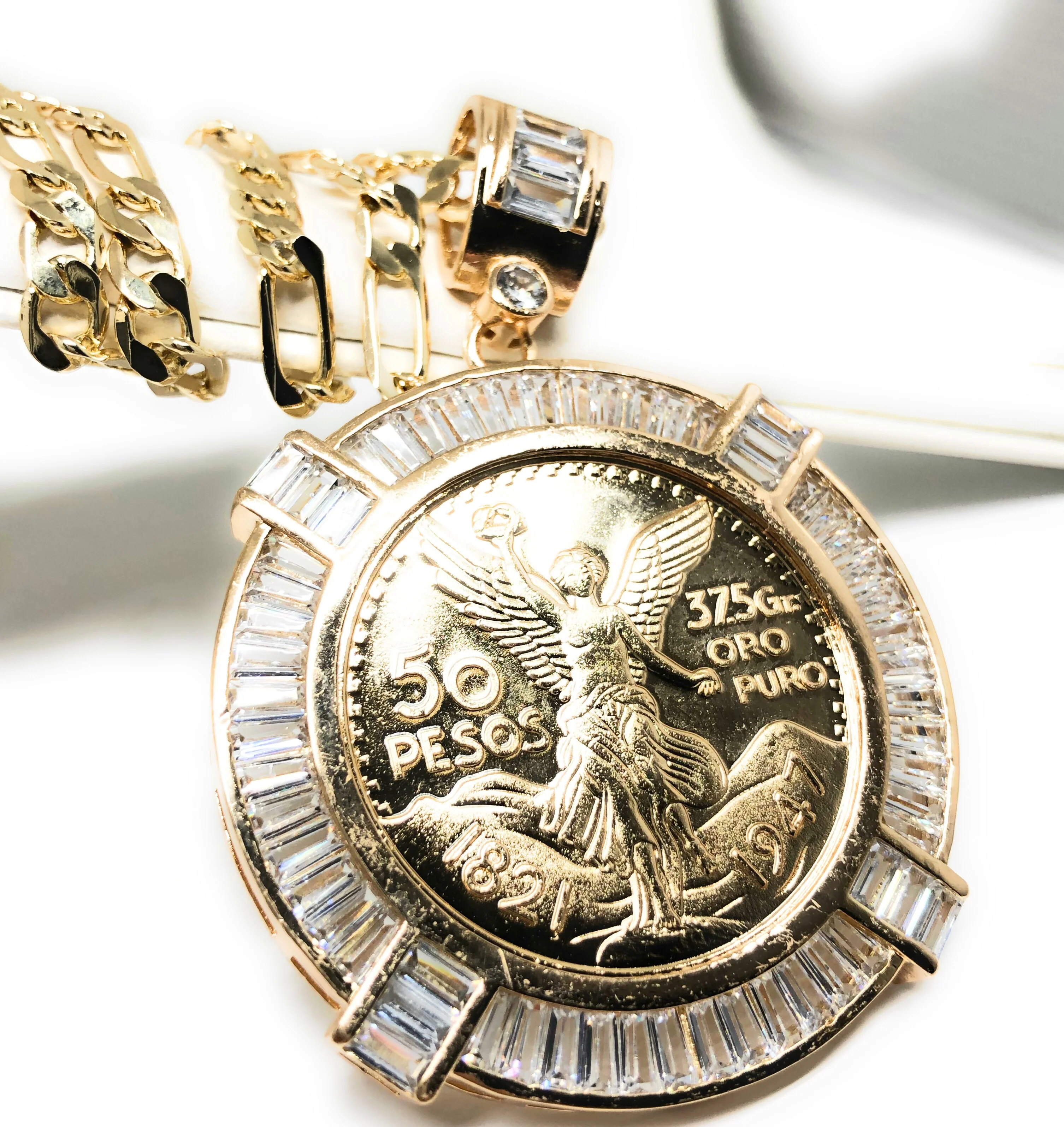 Gold Plated Coin Centenario Mexicano Moneda 50 Pesos Pendant Chain CZ Oro Cadena 26" - Image 2