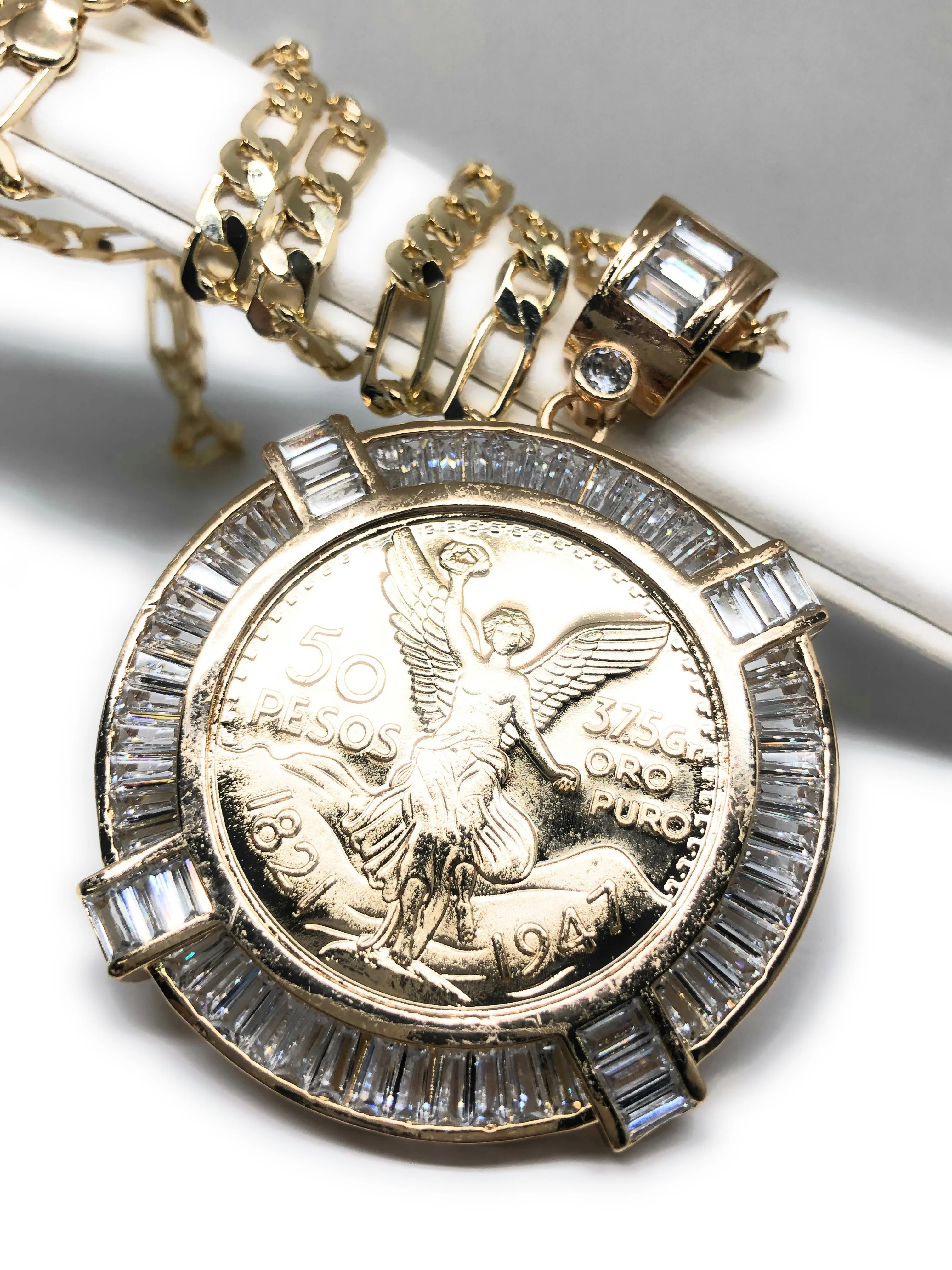 Gold Plated Coin Centenario Mexicano Moneda 50 Pesos Pendant Chain CZ Oro Cadena 26" - Image 3