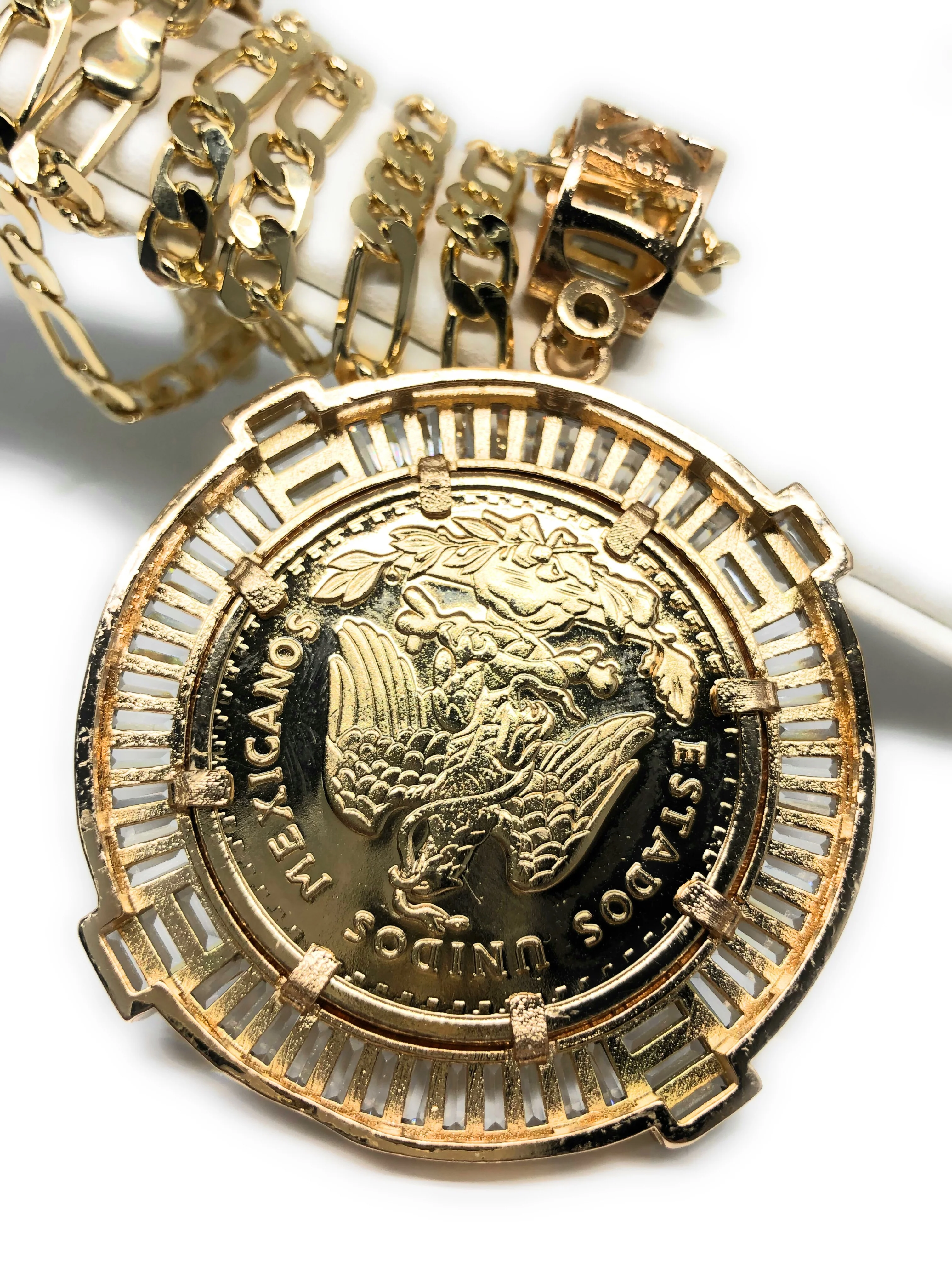 Gold Plated Coin Centenario Mexicano Moneda 50 Pesos Pendant Chain CZ Oro Cadena 26" - Image 4