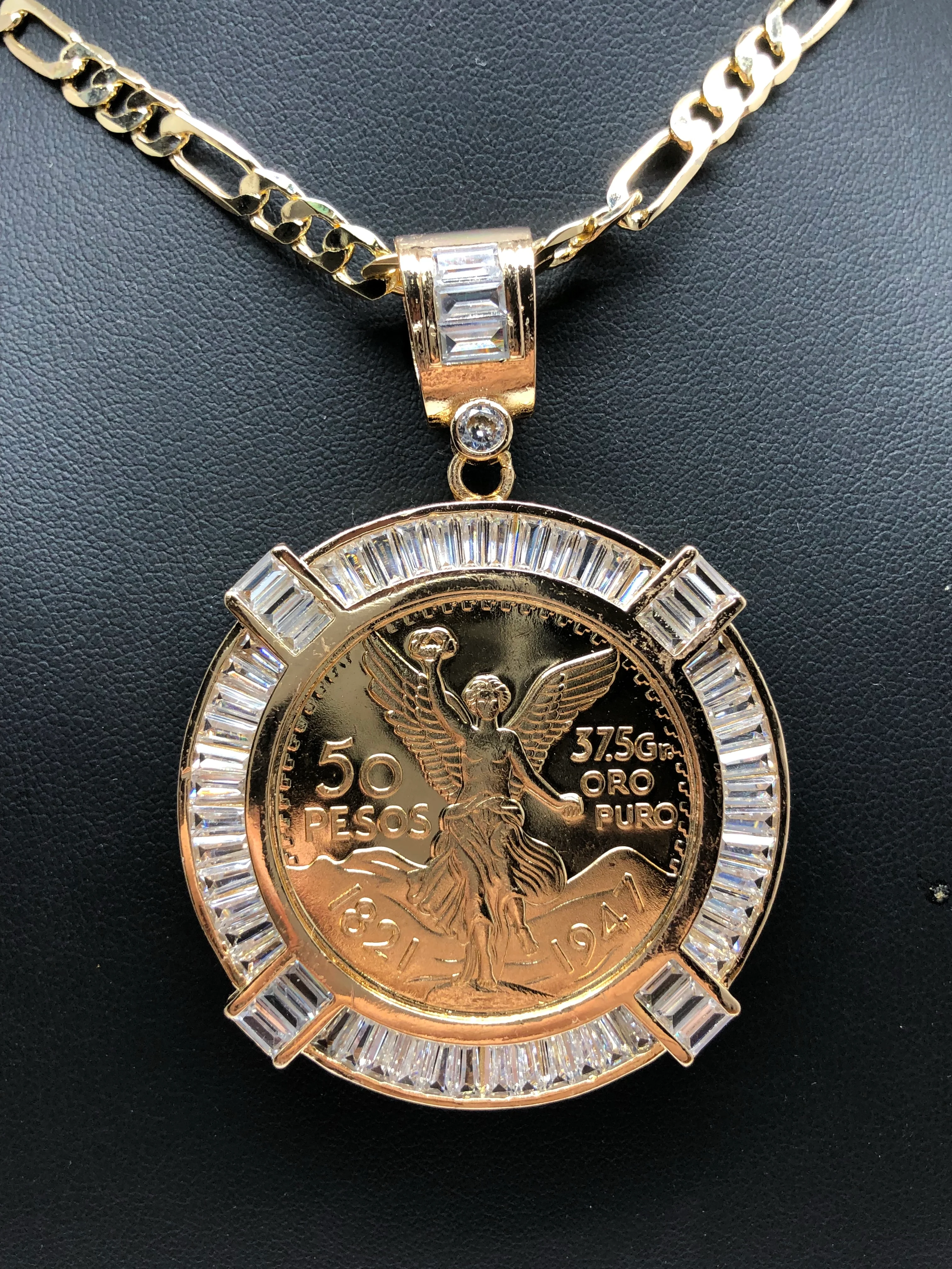 Gold Plated Coin Centenario Mexicano Moneda 50 Pesos Pendant Chain CZ Oro Cadena 26" - Image 5