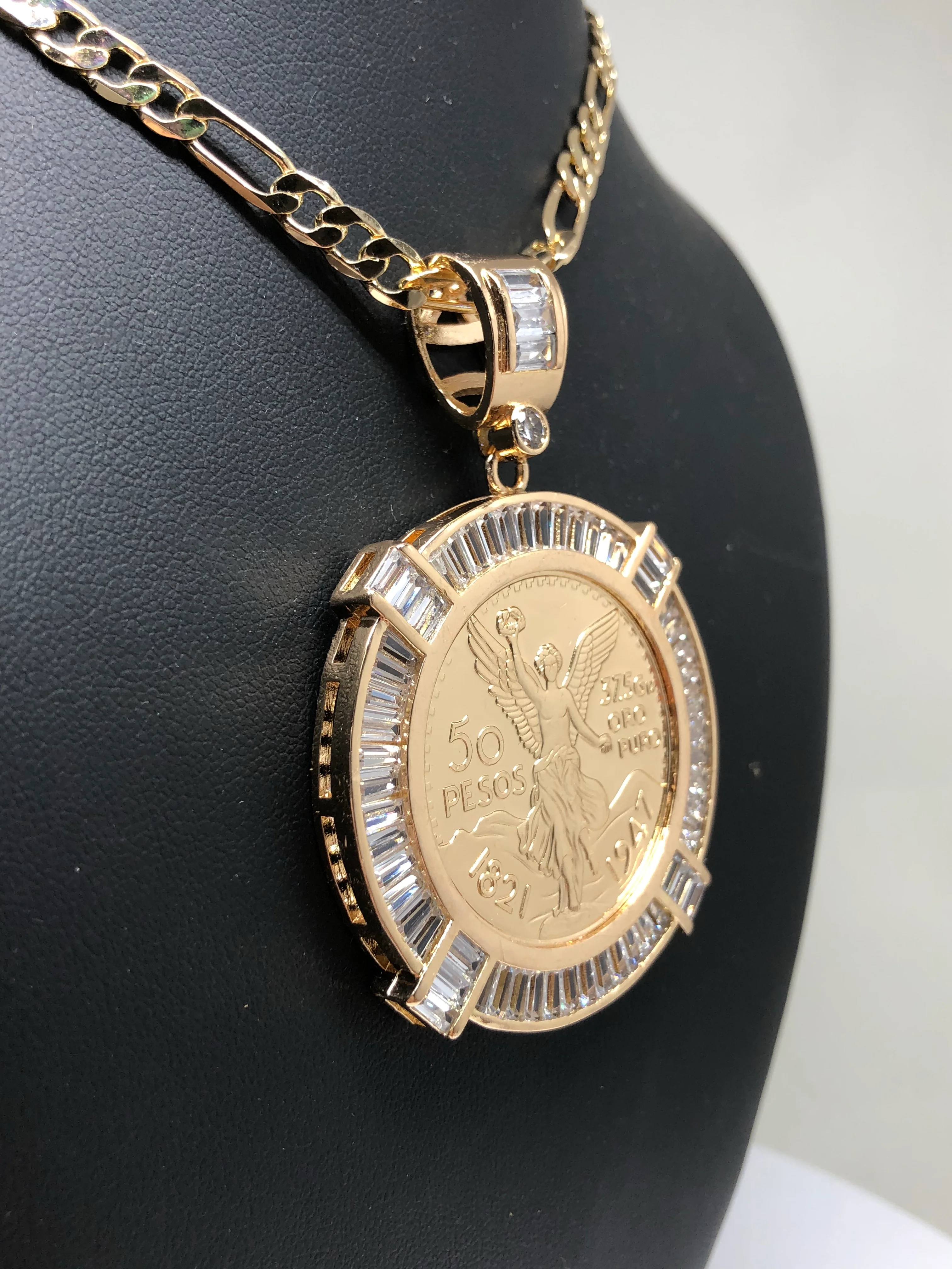 Gold Plated Coin Centenario Mexicano Moneda 50 Pesos Pendant Chain CZ Oro Cadena 26" - Image 6
