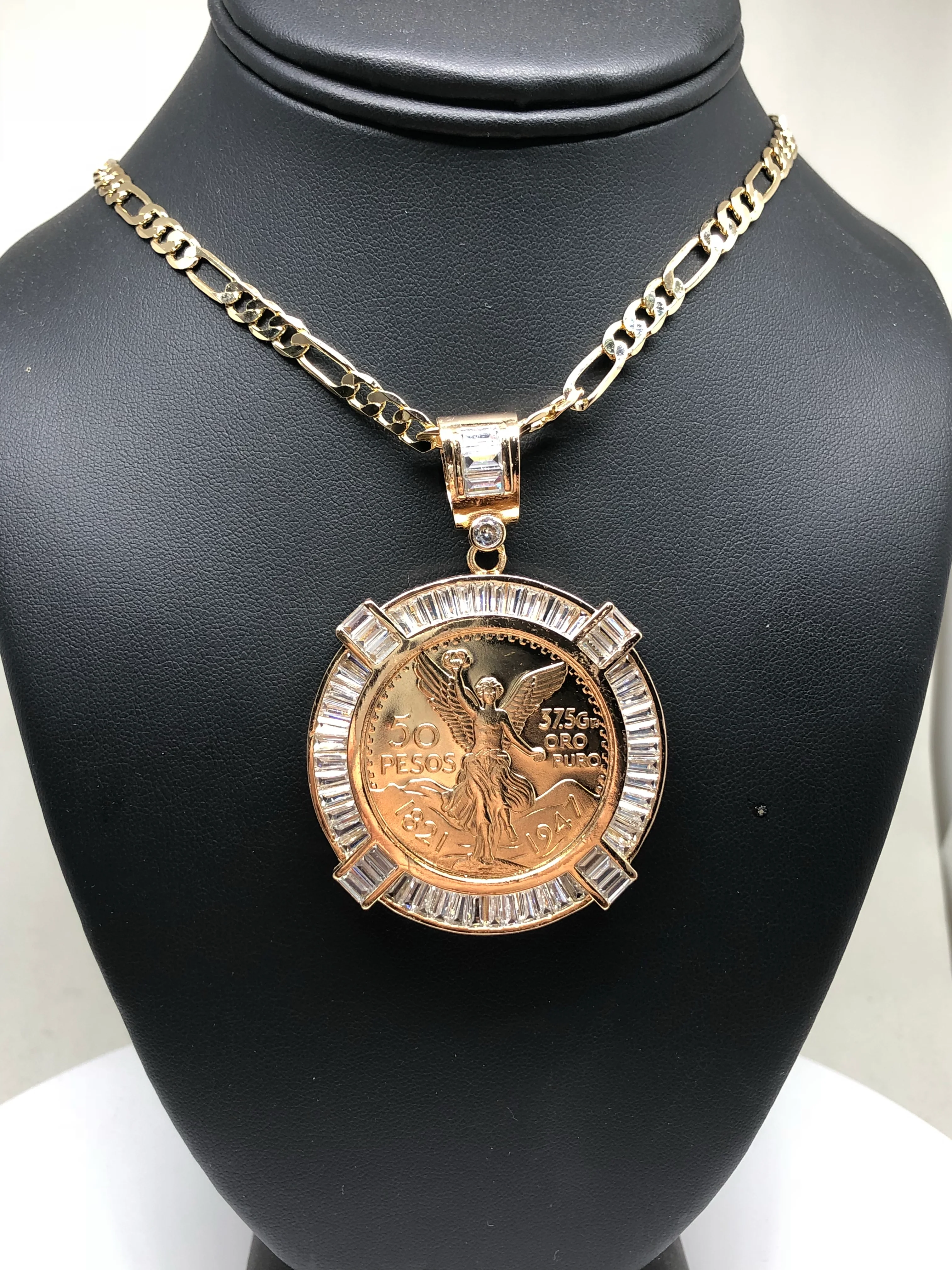 Gold Plated Coin Centenario Mexicano Moneda 50 Pesos Pendant Chain CZ Oro Cadena 26" - Image 7