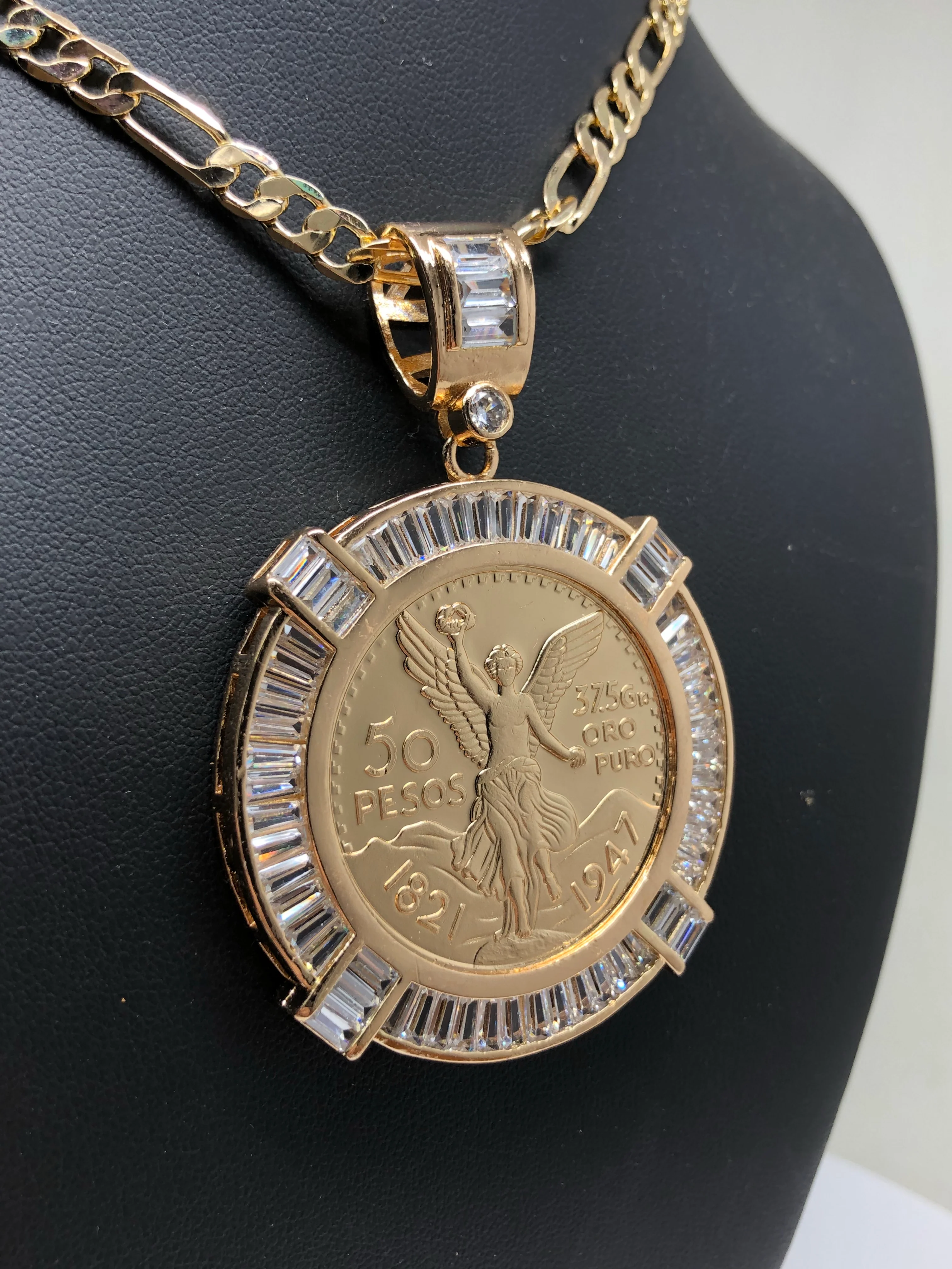 Gold Plated Coin Centenario Mexicano Moneda 50 Pesos Pendant Chain CZ Oro Cadena 26" - Image 8