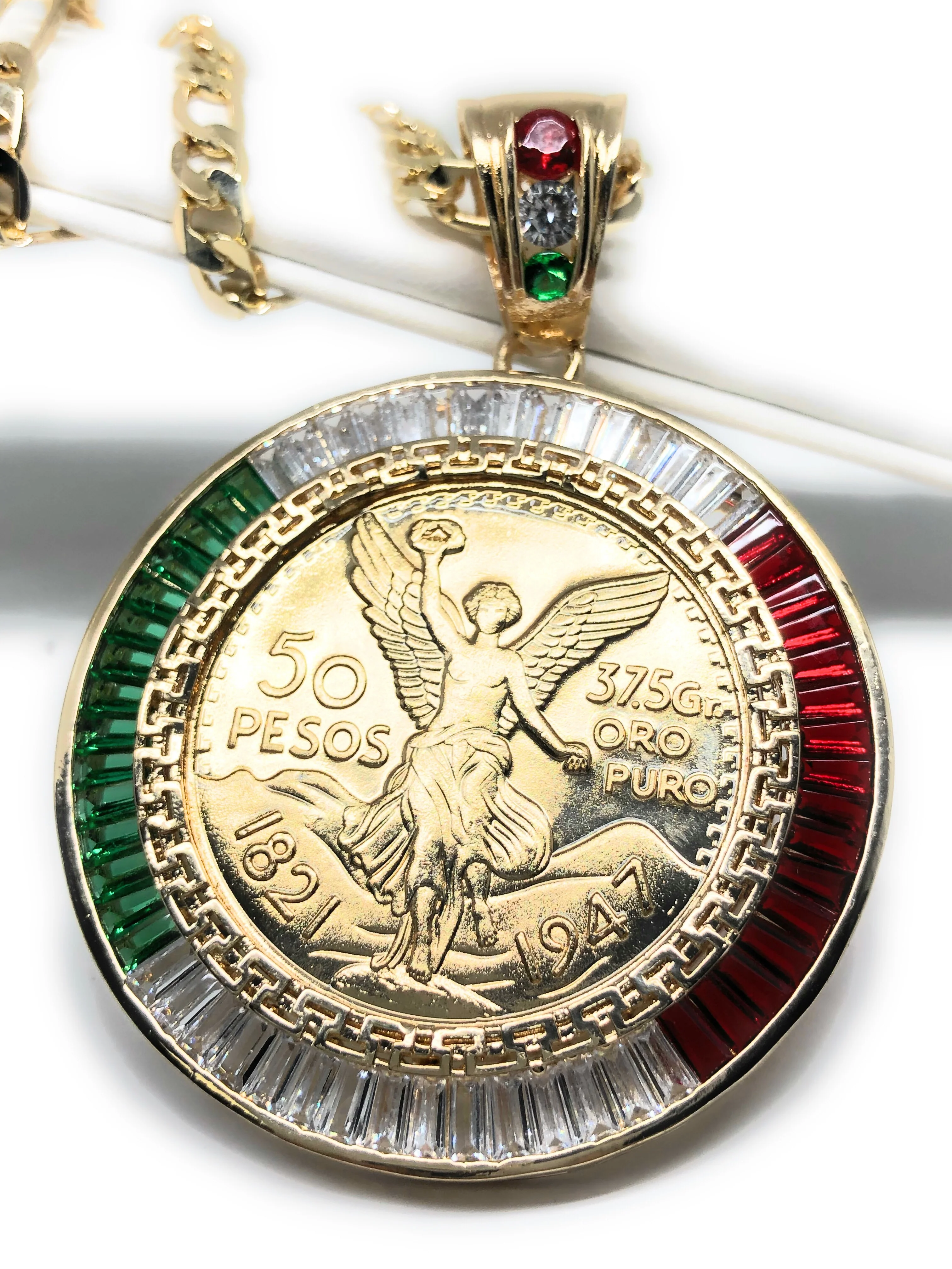 Gold Plated Coin Centenario Mexicano Moneda 50 Pesos Pendant Chain CZ Oro Cadena 26"