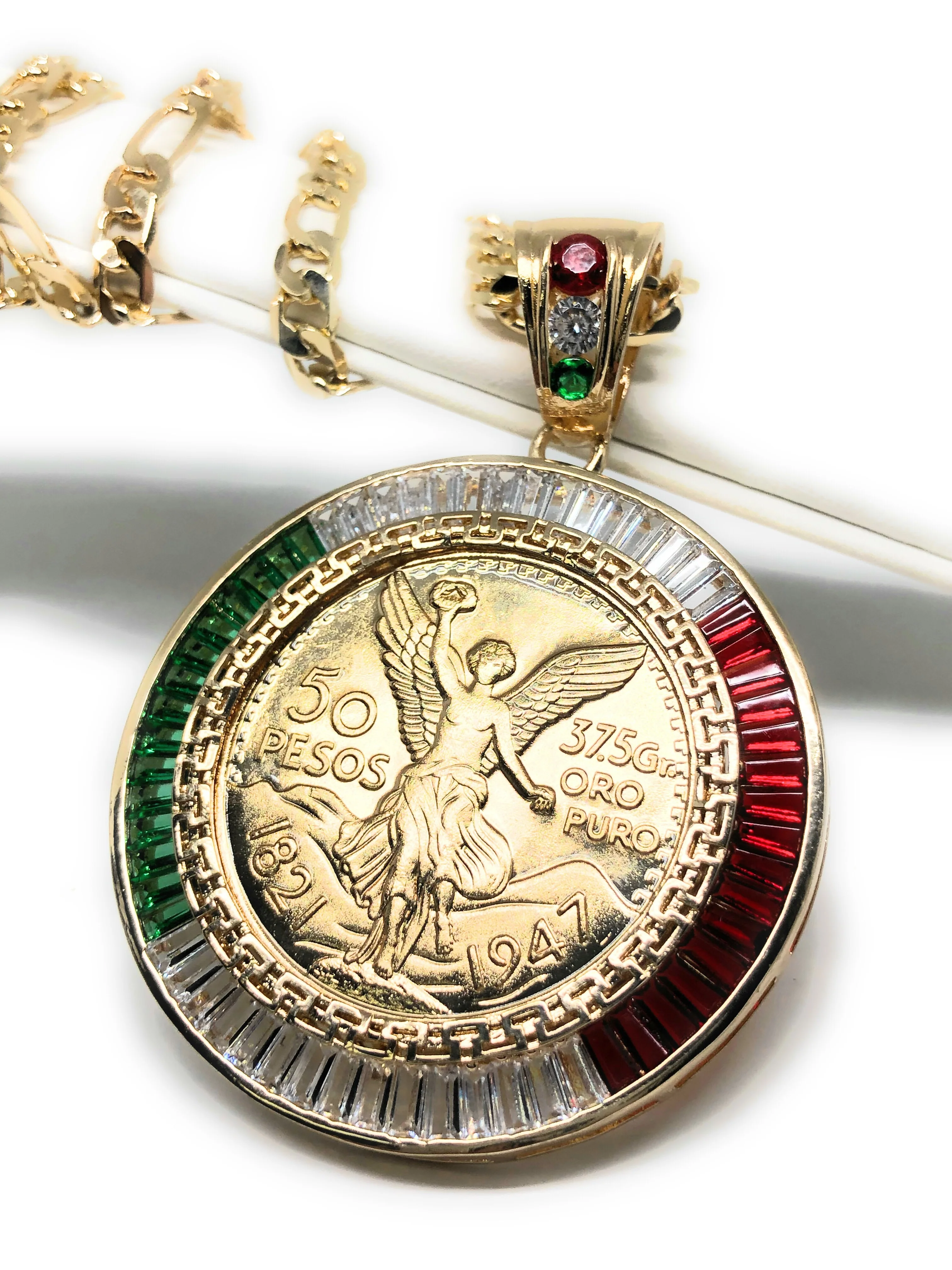 Gold Plated Coin Centenario Mexicano Moneda 50 Pesos Pendant Chain CZ Oro Cadena 26" - Image 2