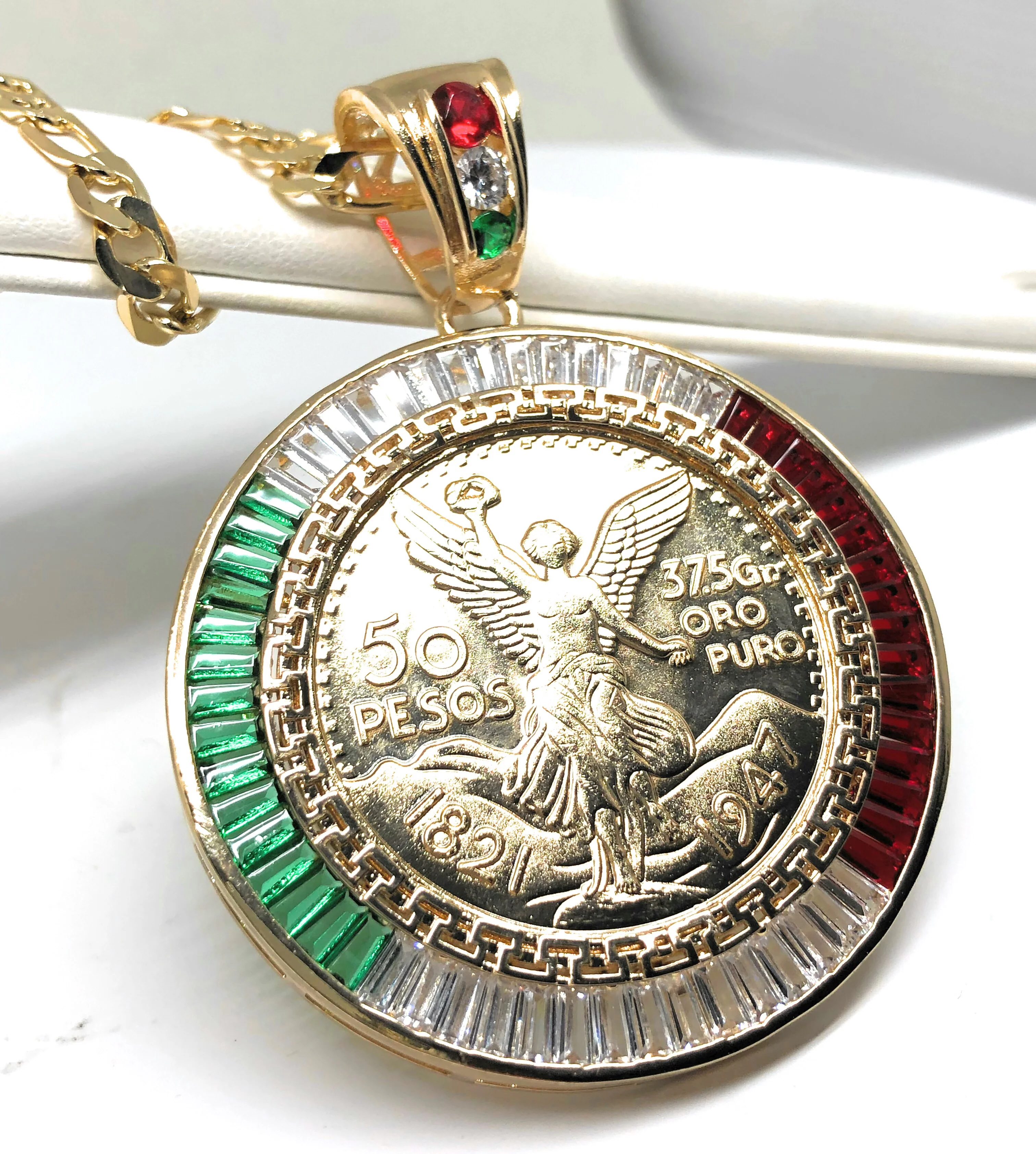 Gold Plated Coin Centenario Mexicano Moneda 50 Pesos Pendant Chain CZ Oro Cadena 26" - Image 3