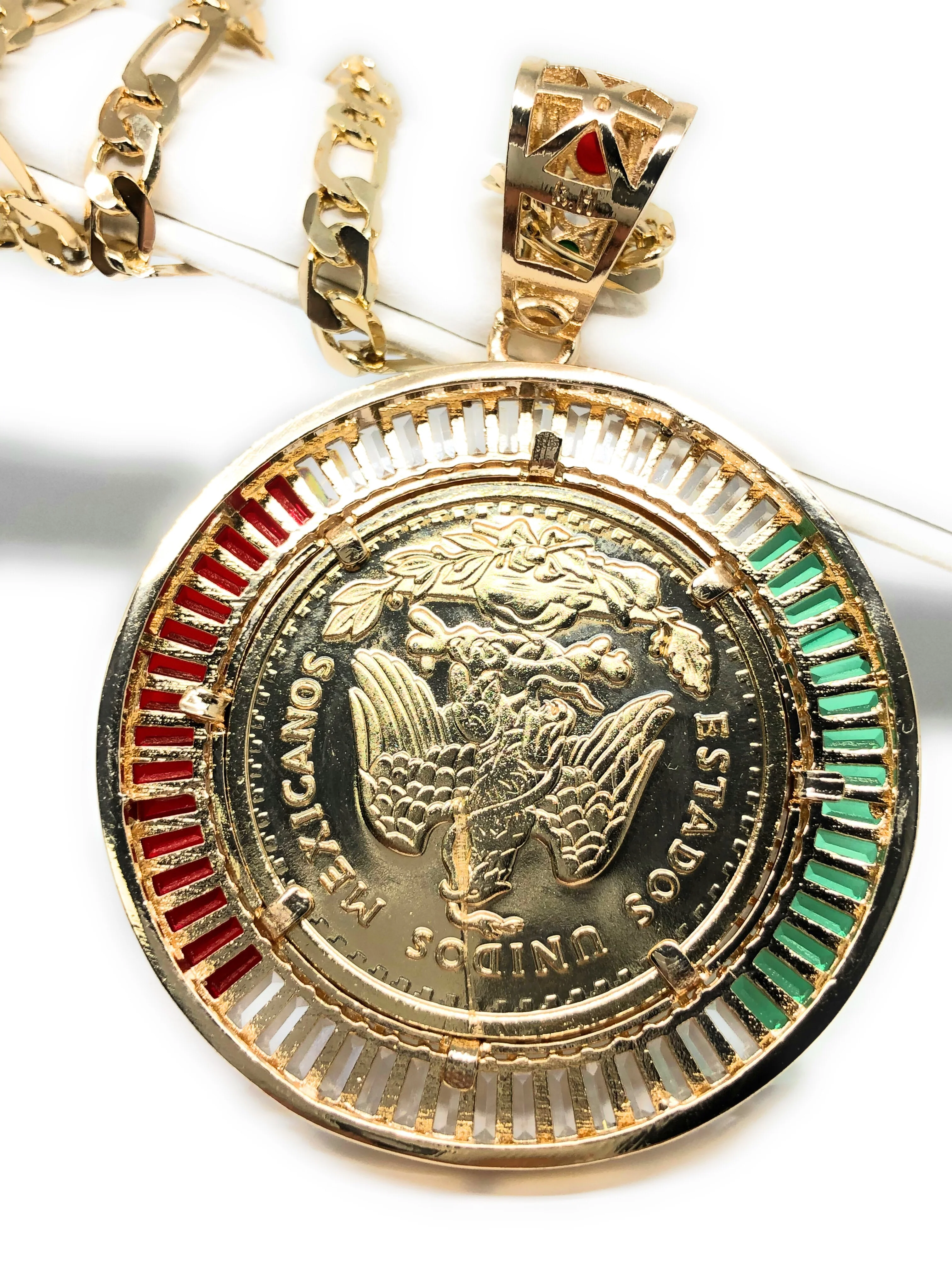 Gold Plated Coin Centenario Mexicano Moneda 50 Pesos Pendant Chain CZ Oro Cadena 26" - Image 4