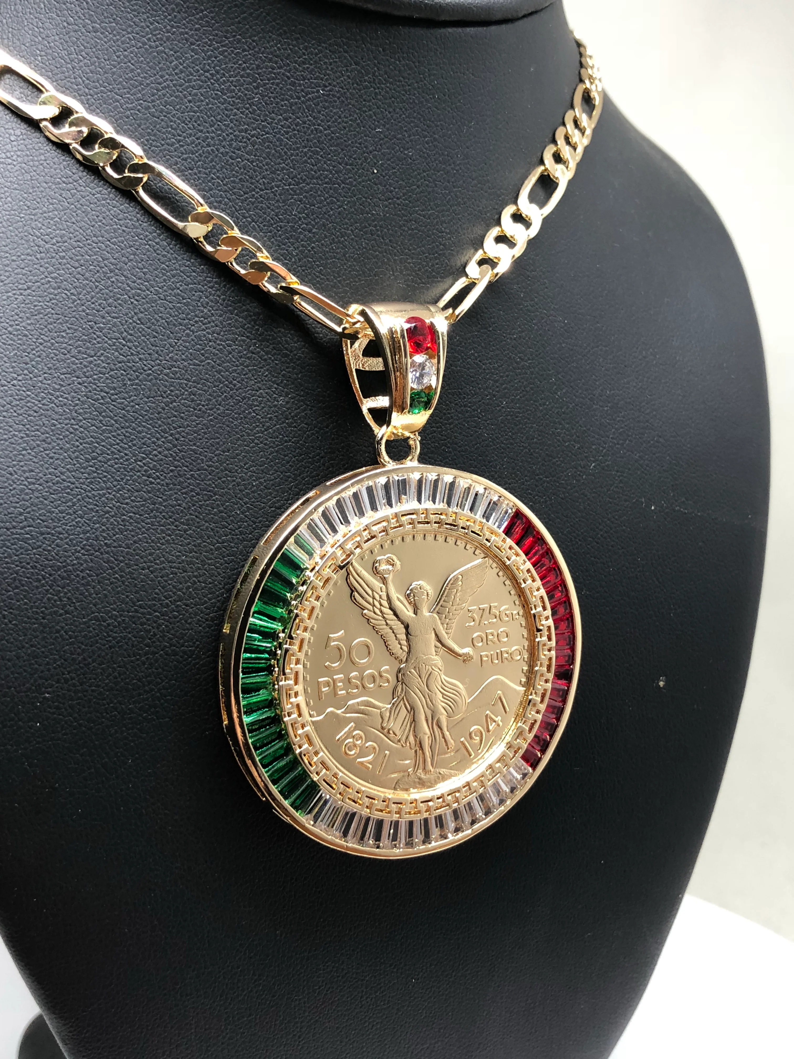 Gold Plated Coin Centenario Mexicano Moneda 50 Pesos Pendant Chain CZ Oro Cadena 26" - Image 5