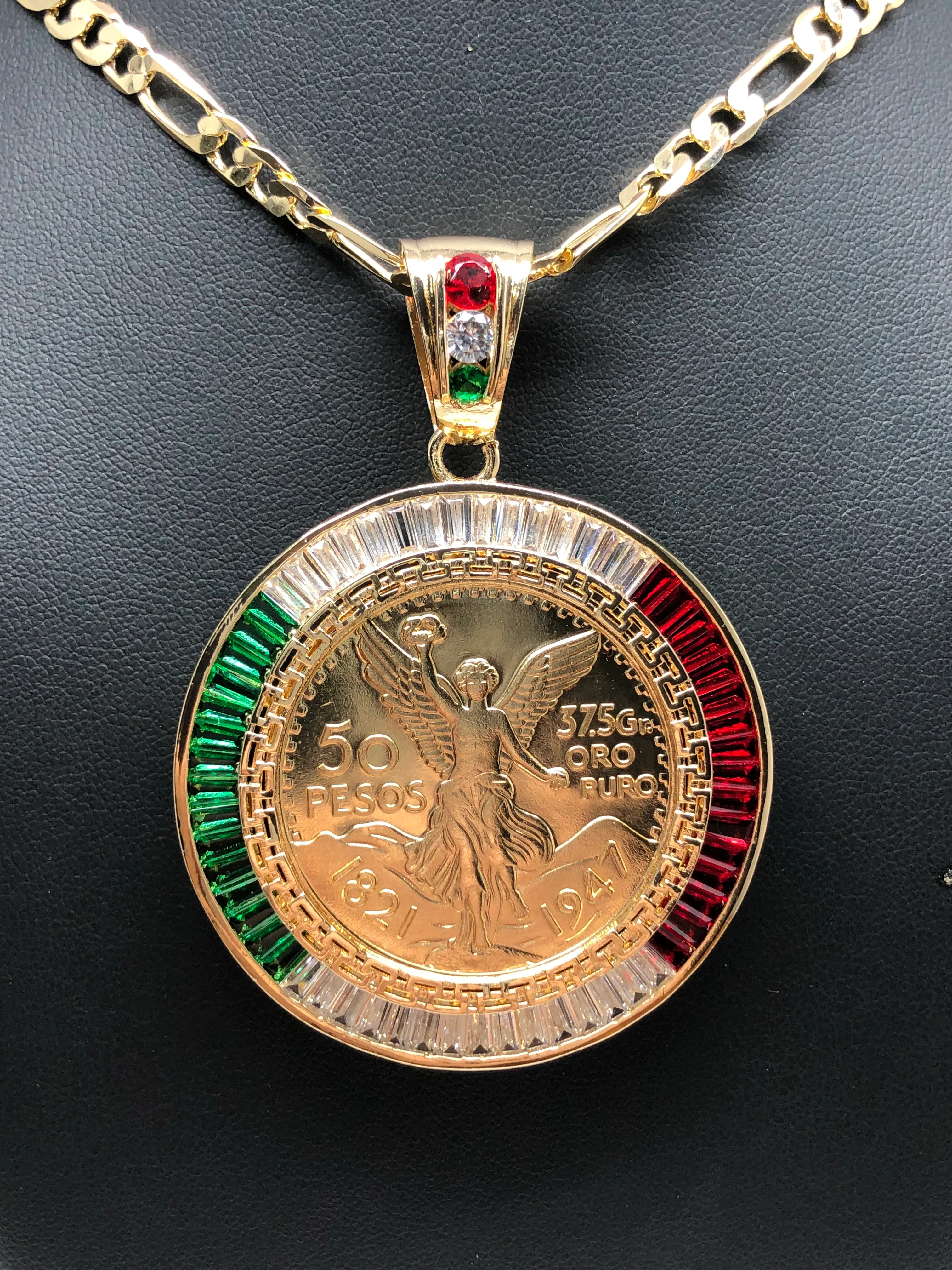 Gold Plated Coin Centenario Mexicano Moneda 50 Pesos Pendant Chain CZ Oro Cadena 26" - Image 6