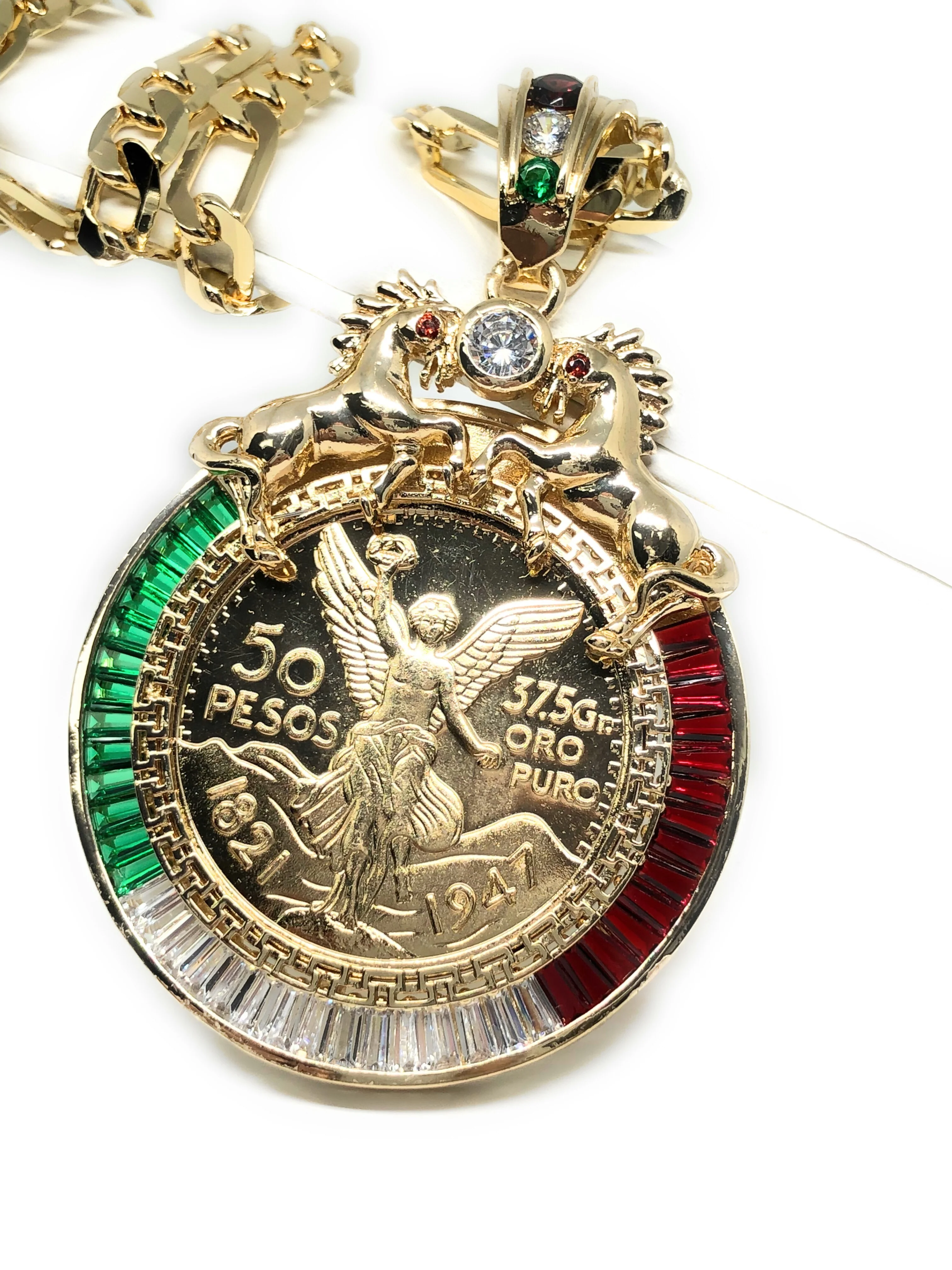 Gold Plated Coin Centenario Mexicano Moneda 50 Pesos Pendant Chain CZ Oro Cadena 26" - Image 2