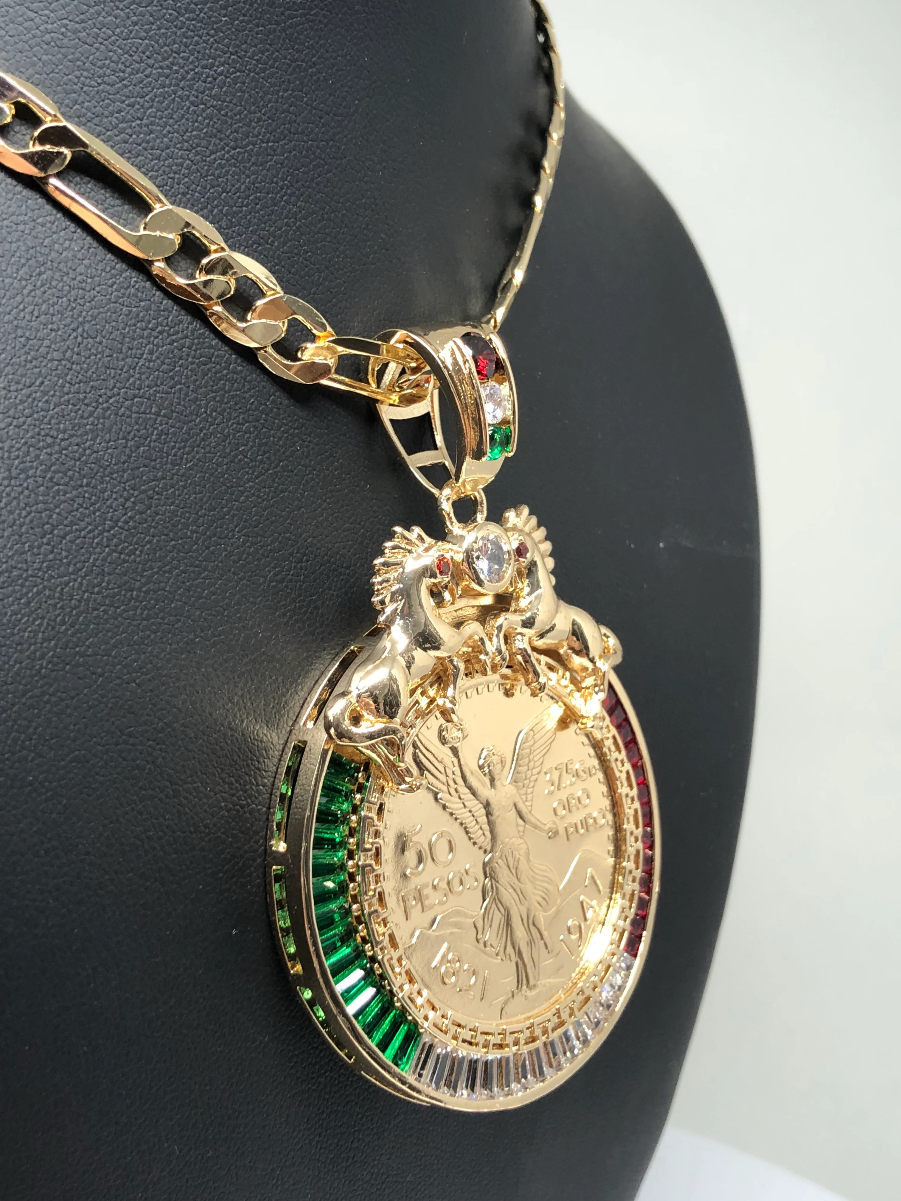 Gold Plated Coin Centenario Mexicano Moneda 50 Pesos Pendant Chain CZ Oro Cadena 26" - Image 7