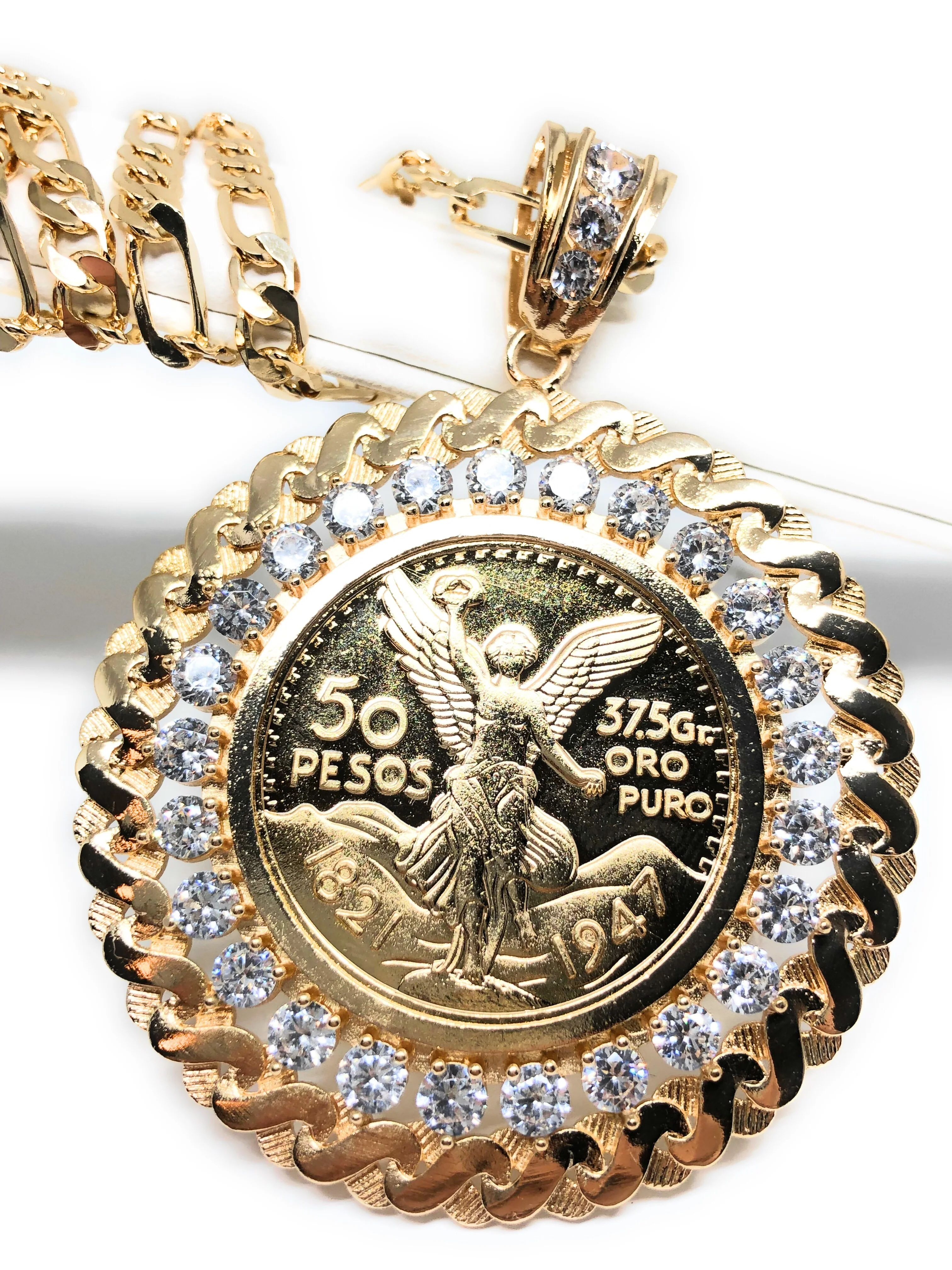 Gold Plated Coin Centenario Mexicano Moneda 50 Pesos Pendant Chain CZ Oro Cadena 26"