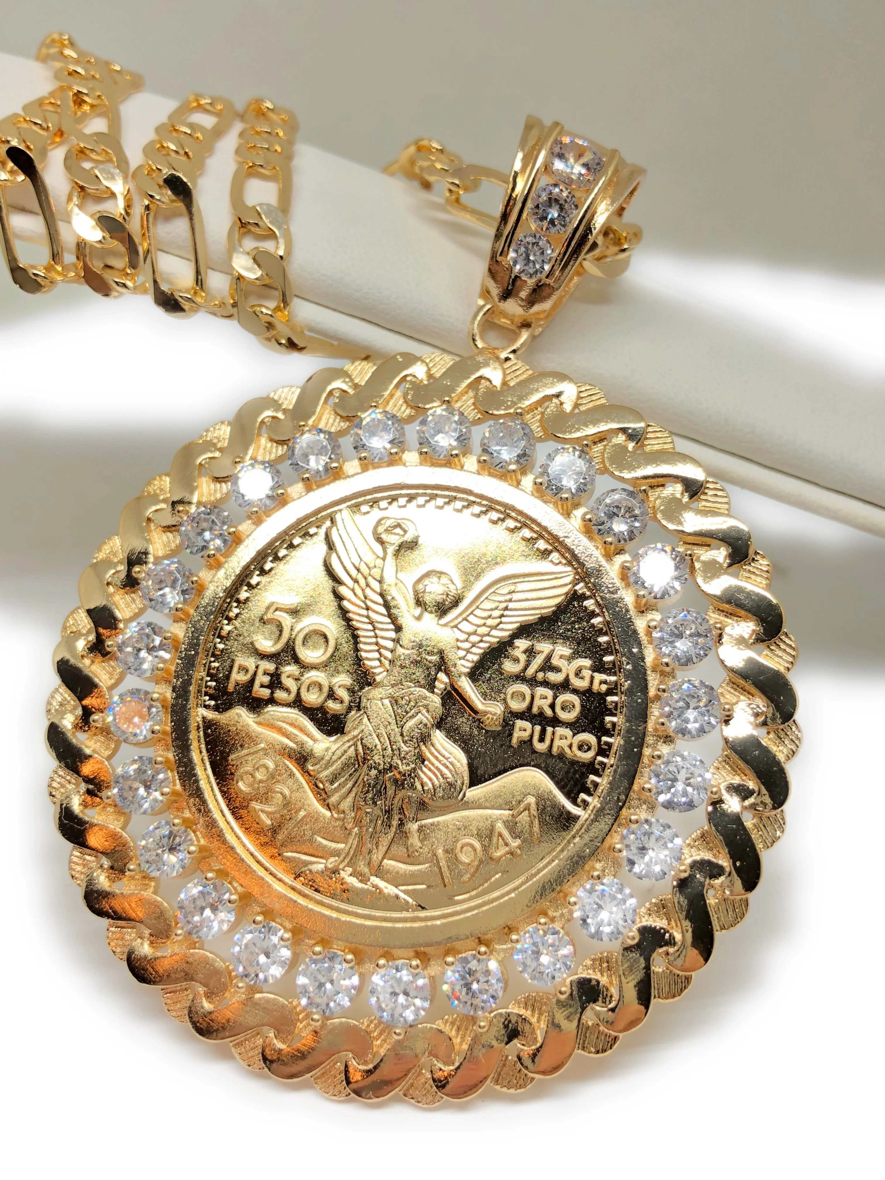 Gold Plated Coin Centenario Mexicano Moneda 50 Pesos Pendant Chain CZ Oro Cadena 26" - Image 2