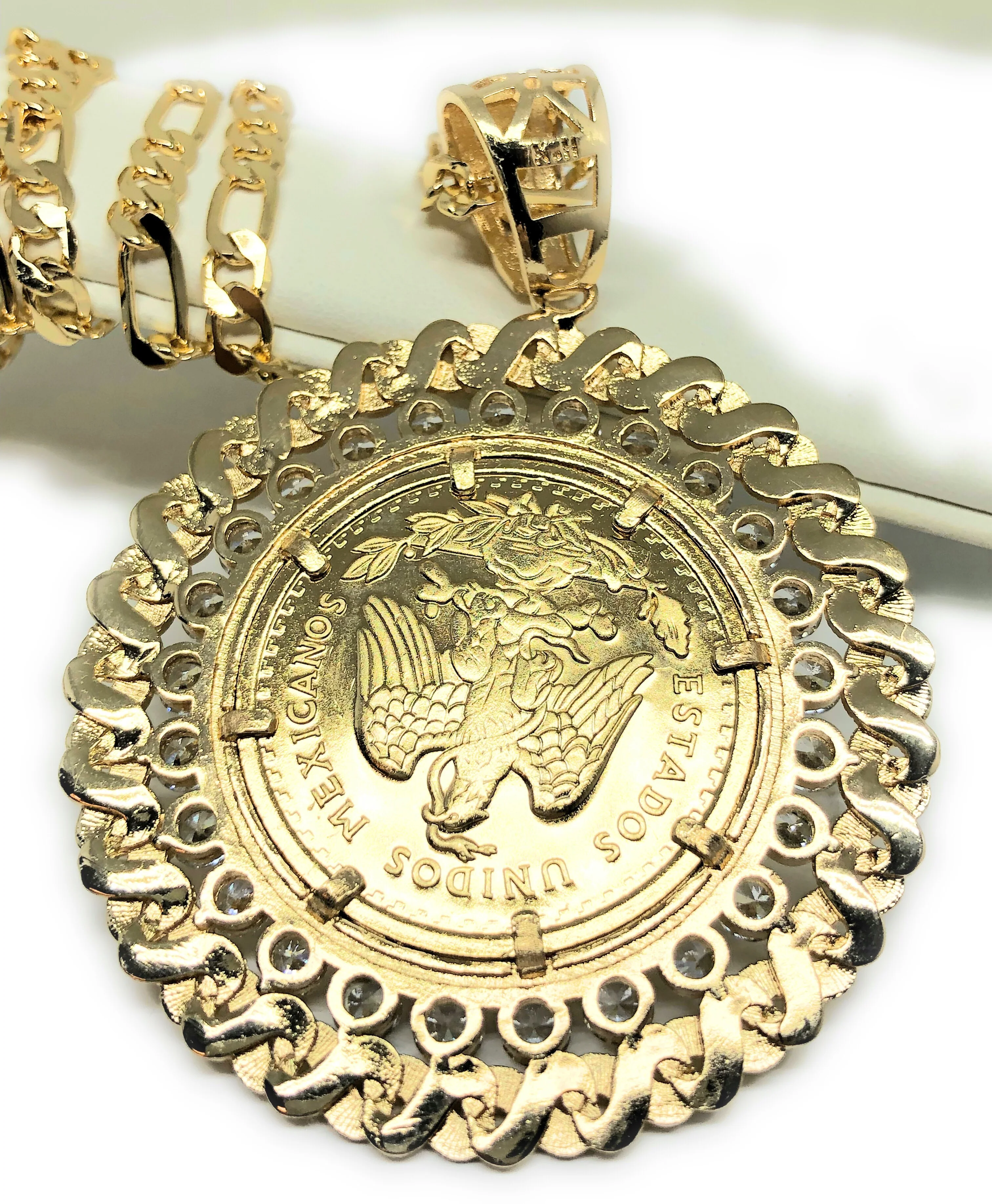 Gold Plated Coin Centenario Mexicano Moneda 50 Pesos Pendant Chain CZ Oro Cadena 26" - Image 3