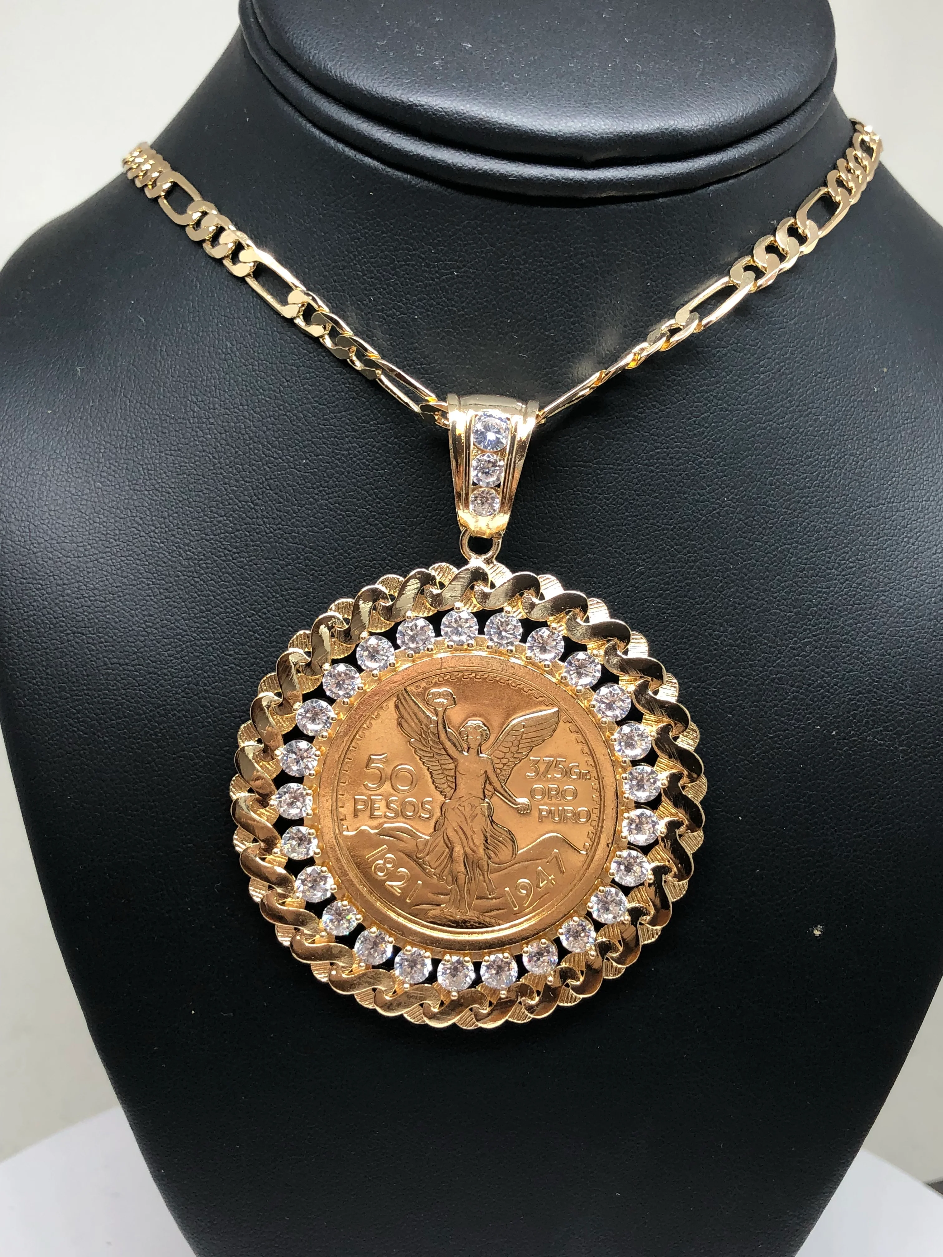 Gold Plated Coin Centenario Mexicano Moneda 50 Pesos Pendant Chain CZ Oro Cadena 26" - Image 4