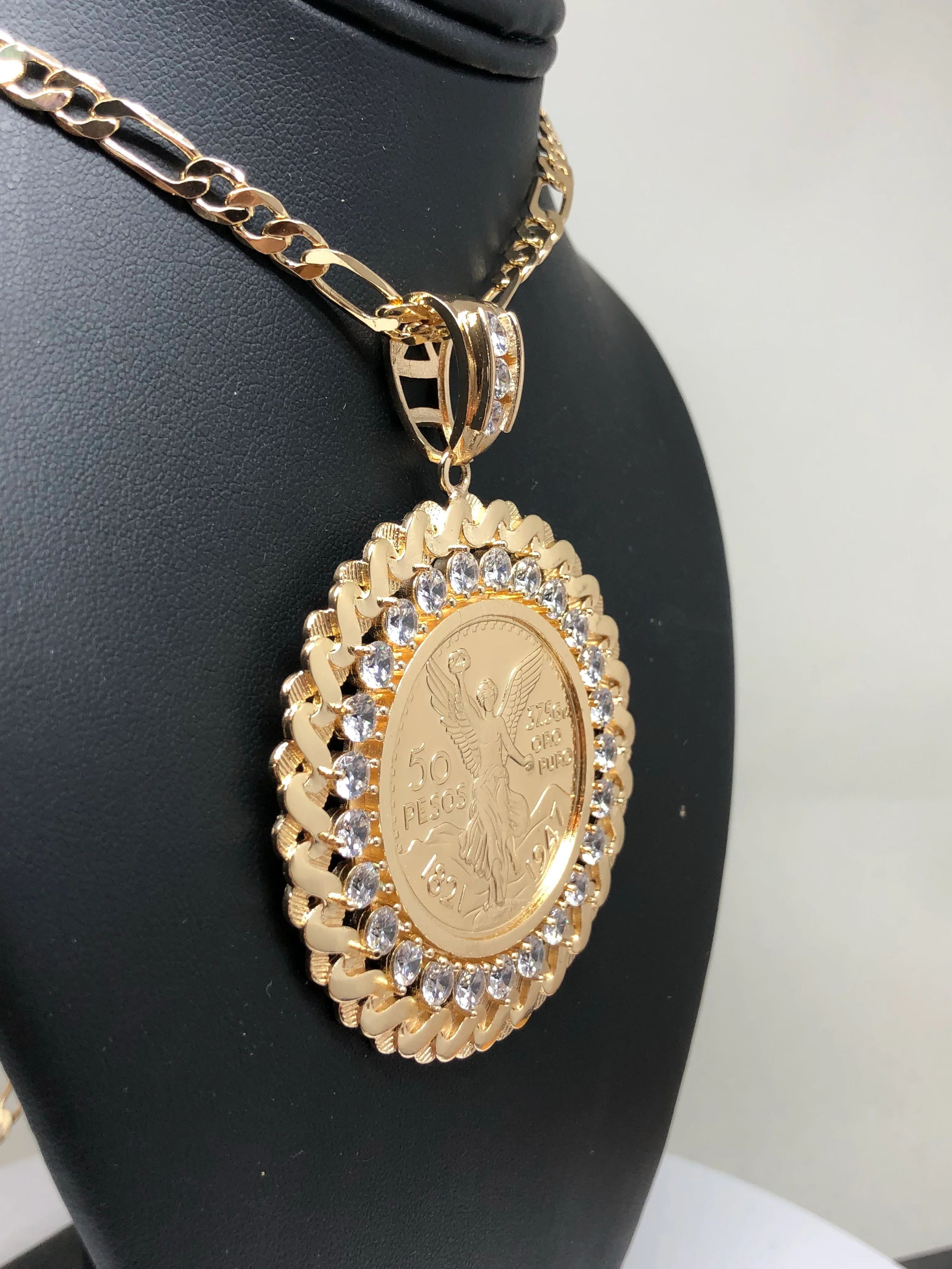 Gold Plated Coin Centenario Mexicano Moneda 50 Pesos Pendant Chain CZ Oro Cadena 26" - Image 5