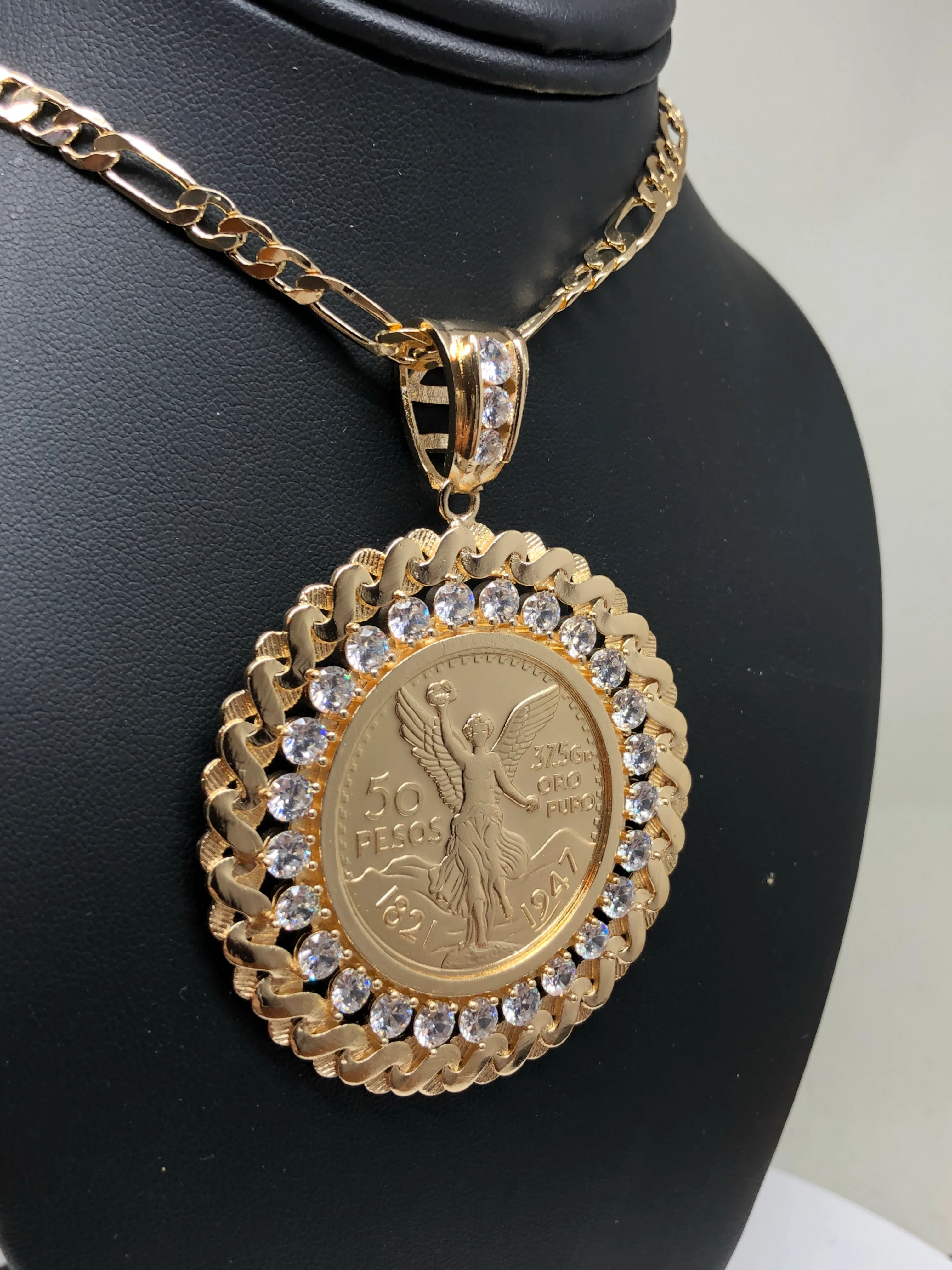 Gold Plated Coin Centenario Mexicano Moneda 50 Pesos Pendant Chain CZ Oro Cadena 26" - Image 6