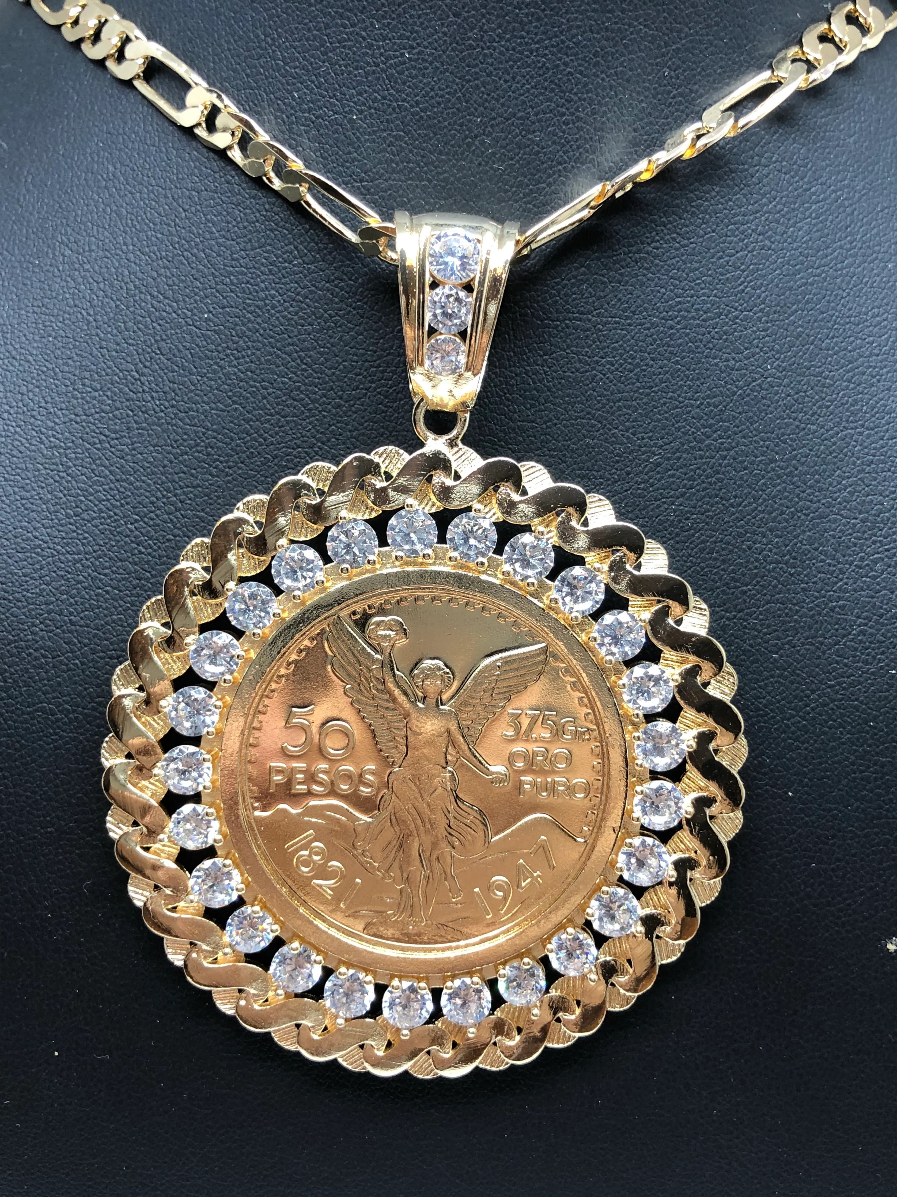 Gold Plated Coin Centenario Mexicano Moneda 50 Pesos Pendant Chain CZ Oro Cadena 26" - Image 7