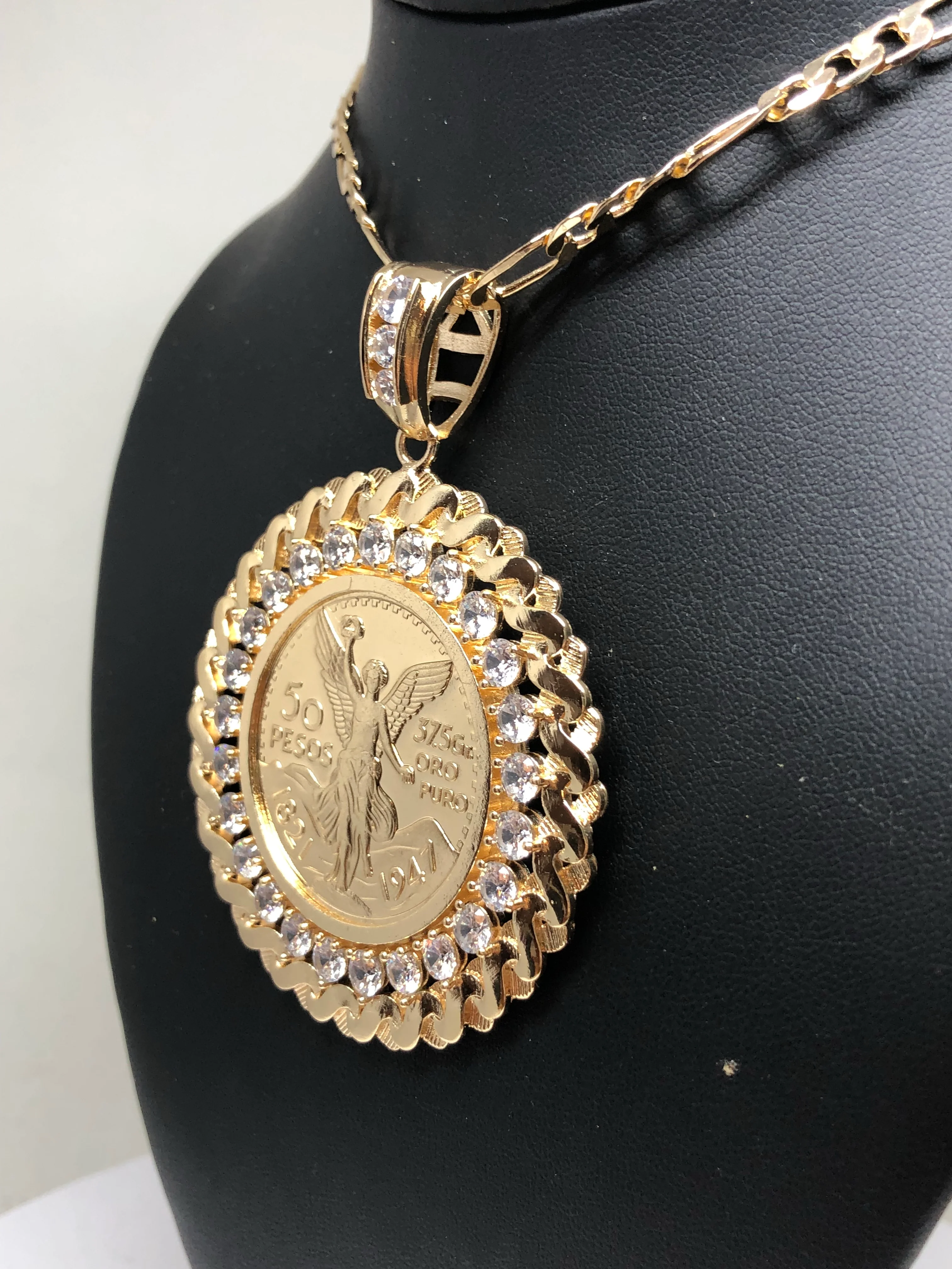 Gold Plated Coin Centenario Mexicano Moneda 50 Pesos Pendant Chain CZ Oro Cadena 26" - Image 8