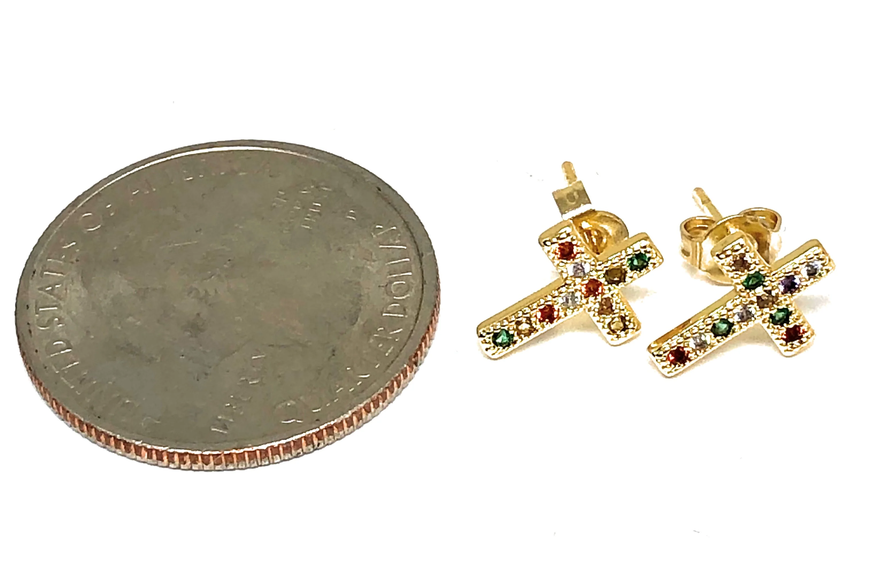 Gold Plated Colorful Cross Earrings w/ Stones Aretes - Image 2