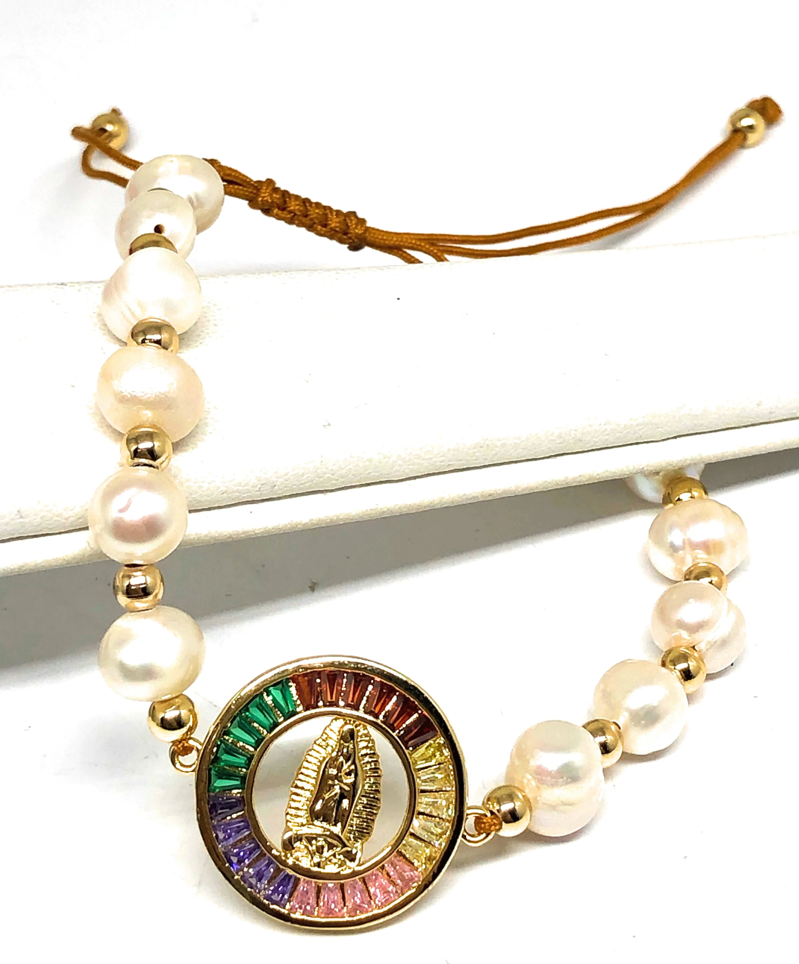 Gold Plated Colorful CZ Virgin Mary Pearl Bracelet Virgen De Guadalupe Pulsera 8" Adjustable - Image 2