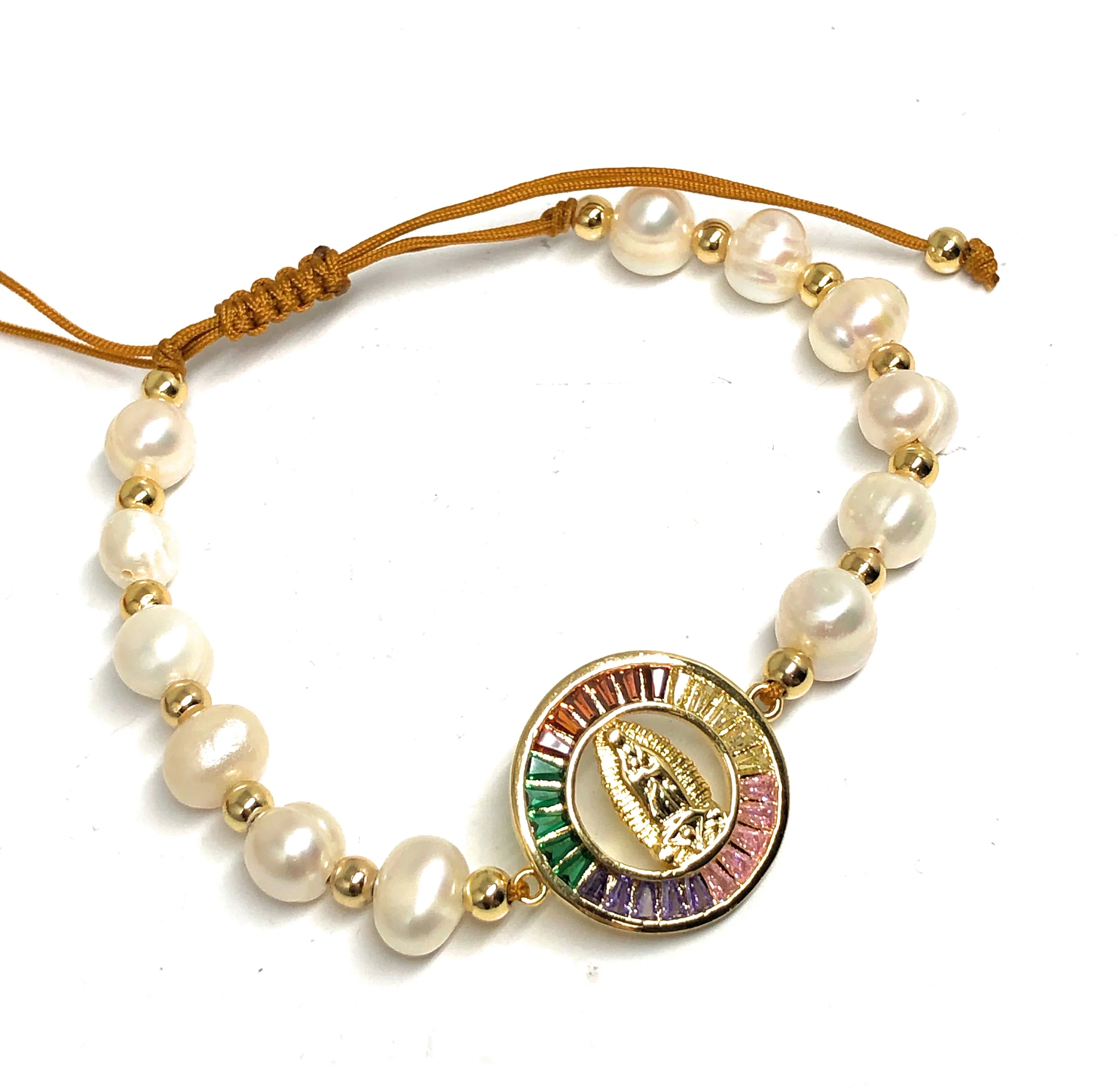 Gold Plated Colorful CZ Virgin Mary Pearl Bracelet Virgen De Guadalupe Pulsera 8" Adjustable - Image 3