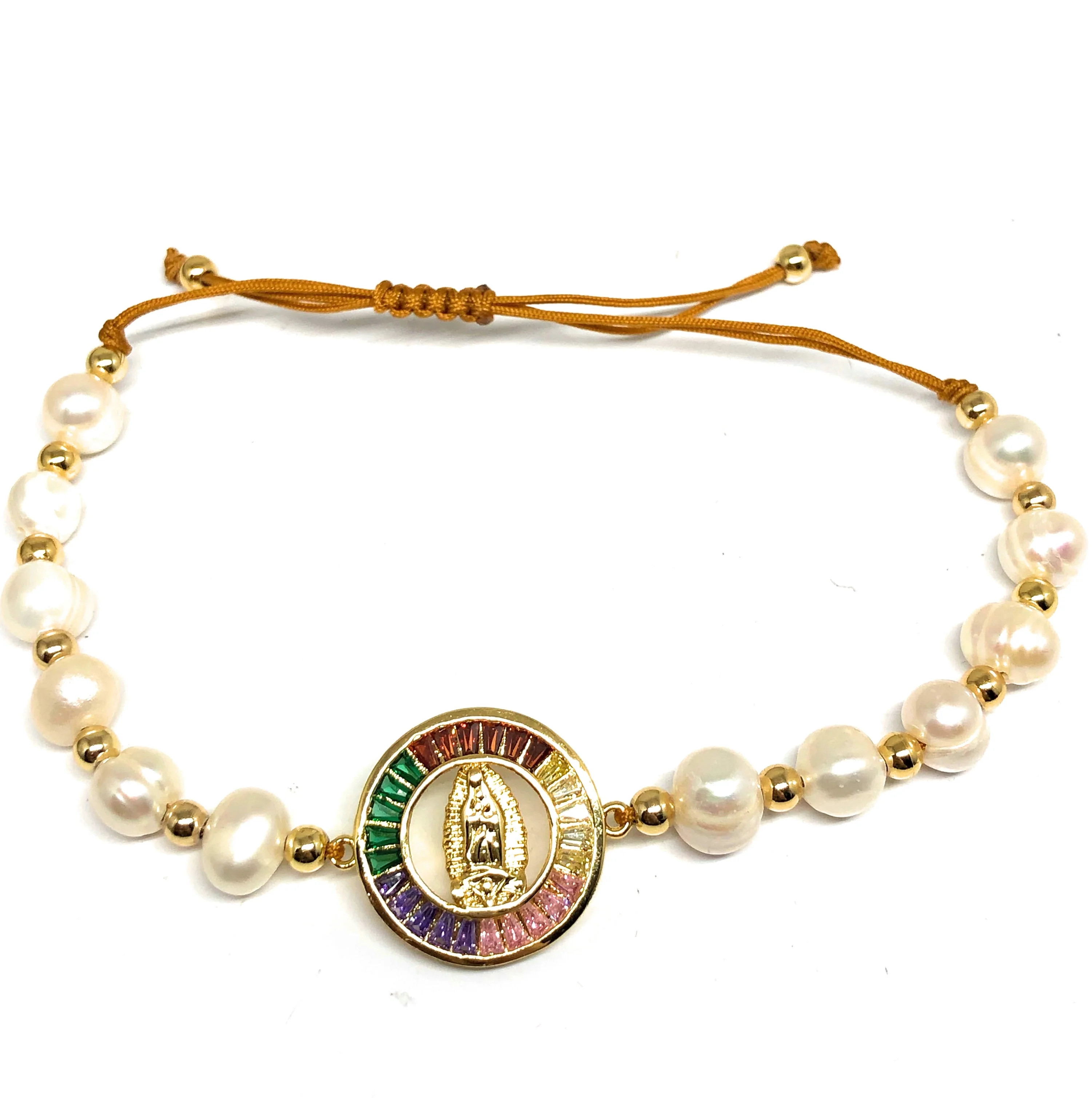 Gold Plated Colorful CZ Virgin Mary Pearl Bracelet Virgen De Guadalupe Pulsera 8" Adjustable - Image 4