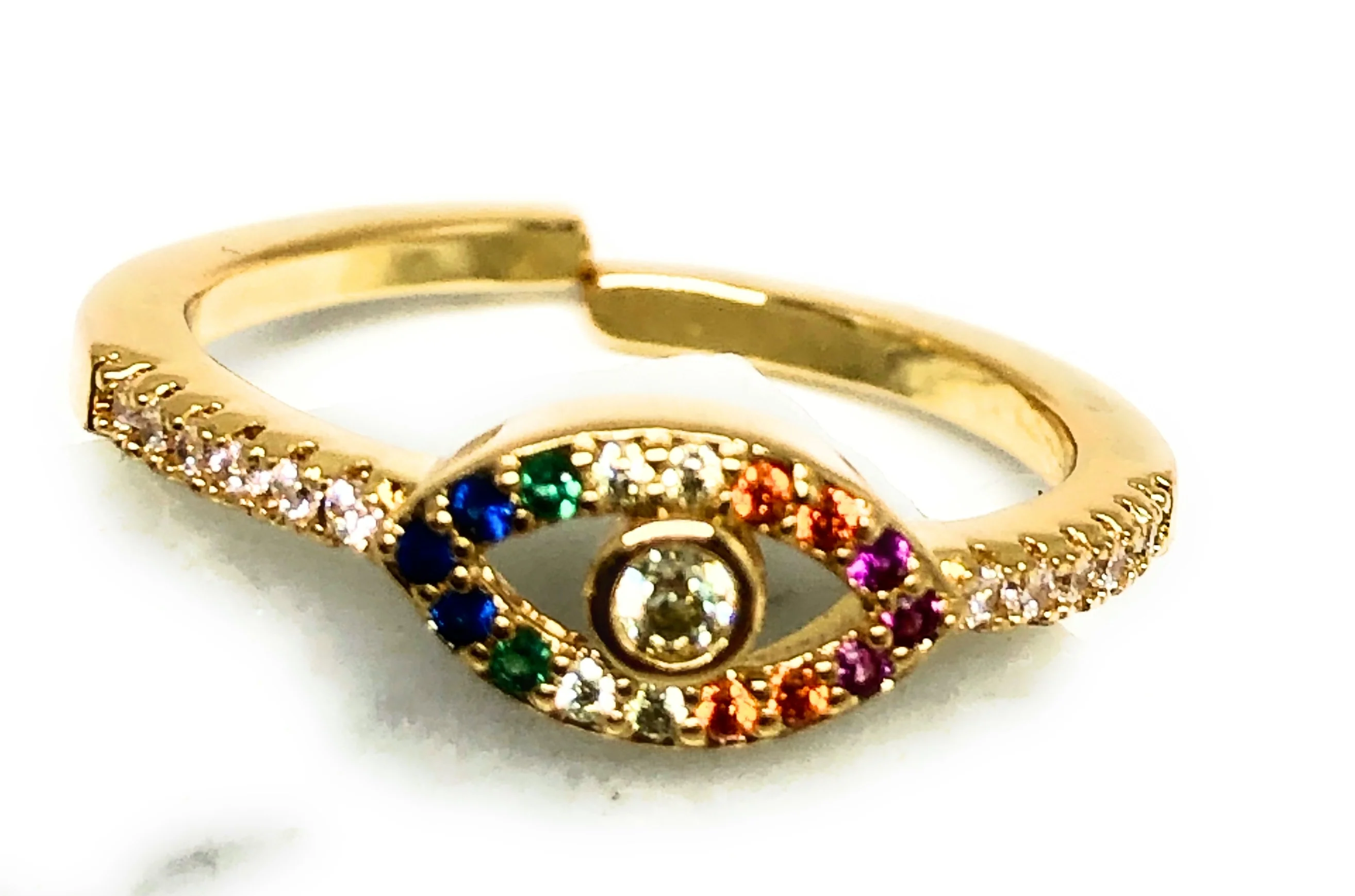 Gold Plated Colorful multi-color Stone Evil Eye Adjustable Ring Anillo - Image 3