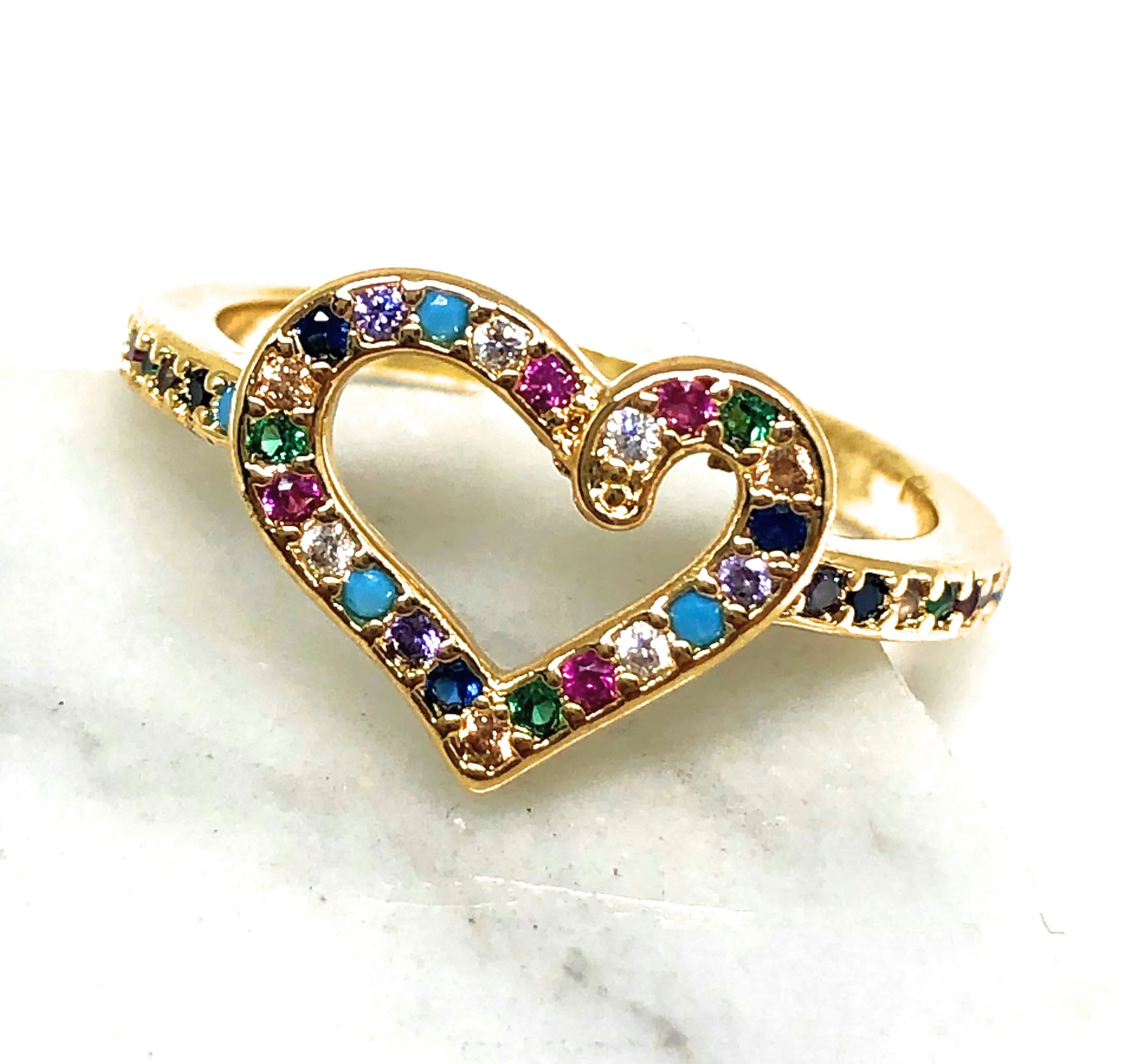 Gold Plated Colorful multi-color Stone Heart Ring Anillo - Image 2