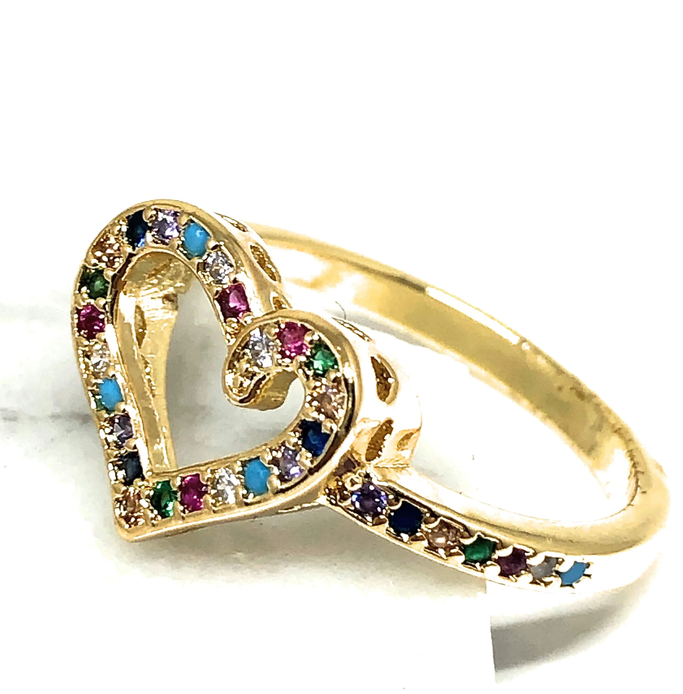 Gold Plated Colorful multi-color Stone Heart Ring Anillo - Image 3