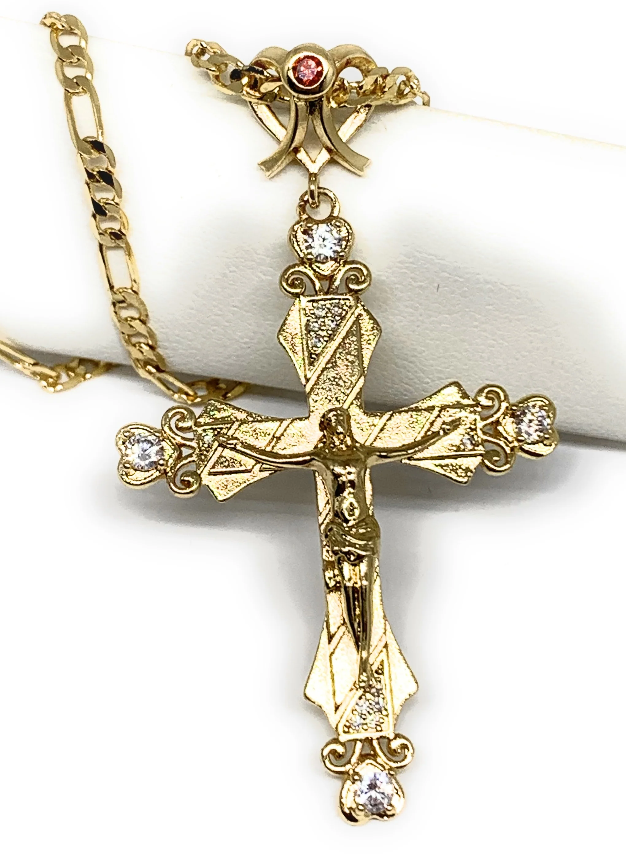 Gold Plated Cross CZ Crucifix 24” Necklace Cruz Crucifijo