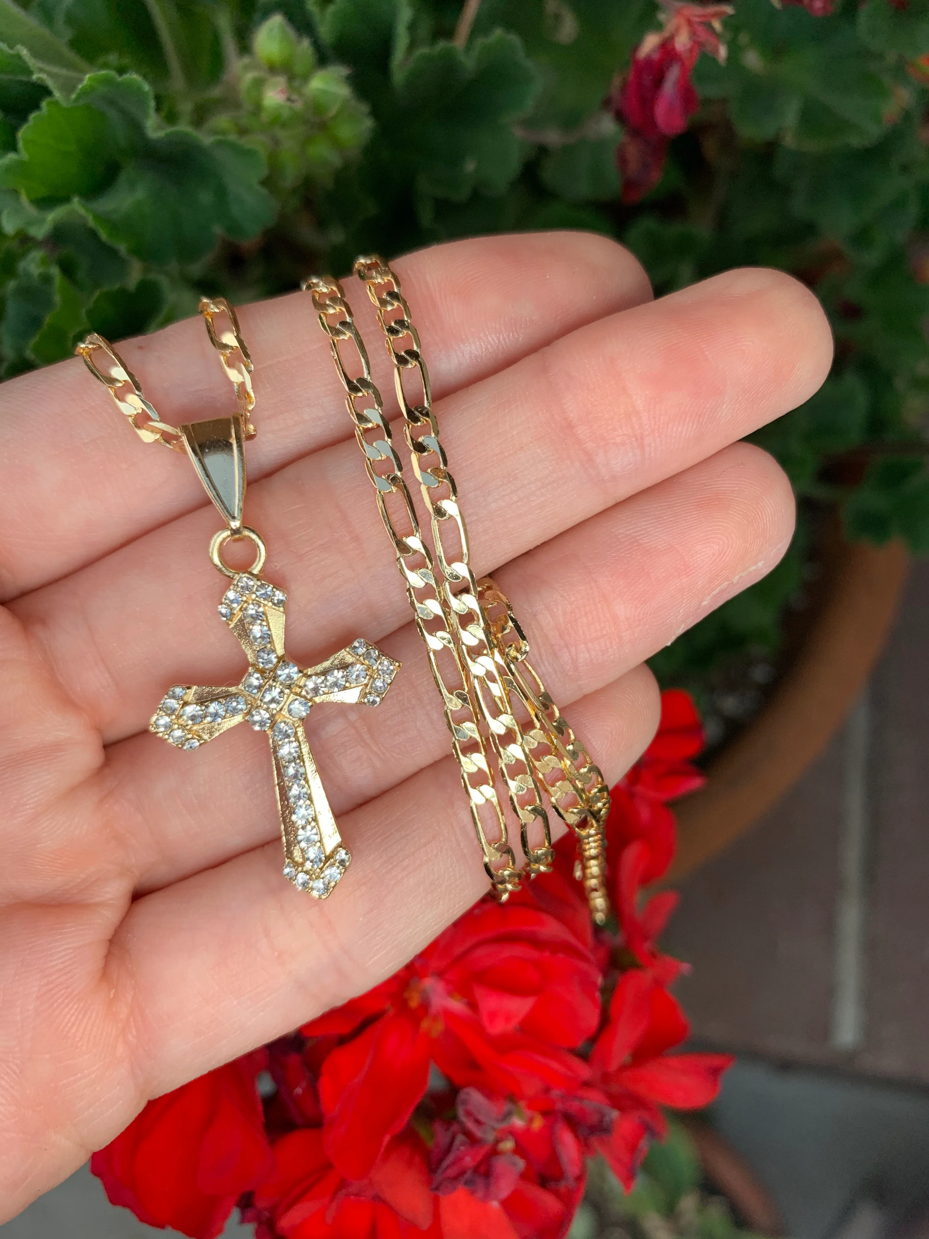 Gold Plated Cross CZ Crucifix 24” Necklace Cruz Crucifijo - Image 7