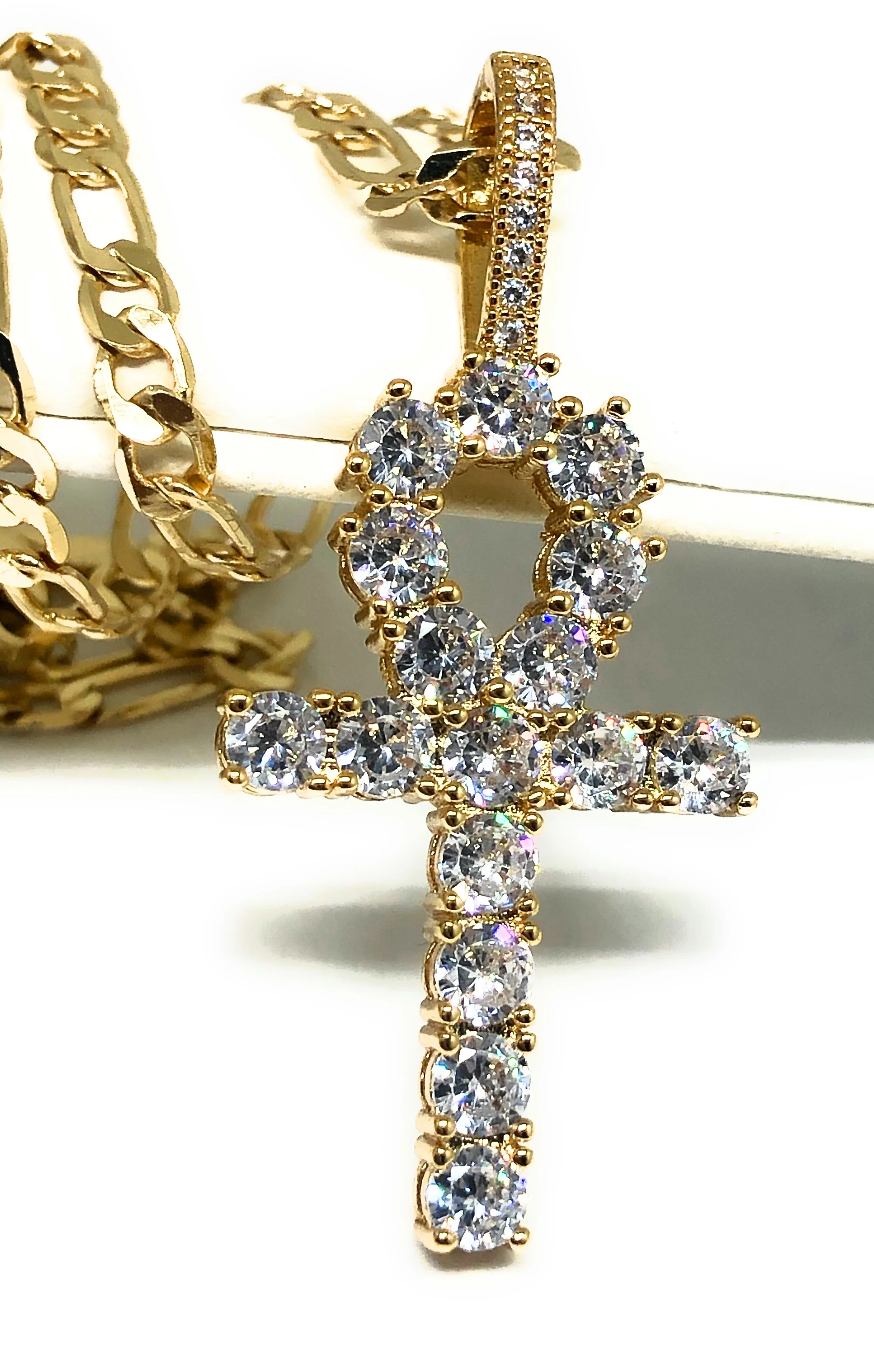 Gold Plated Cubic Zirconia Ankh Cross 24” Necklace Cruz
