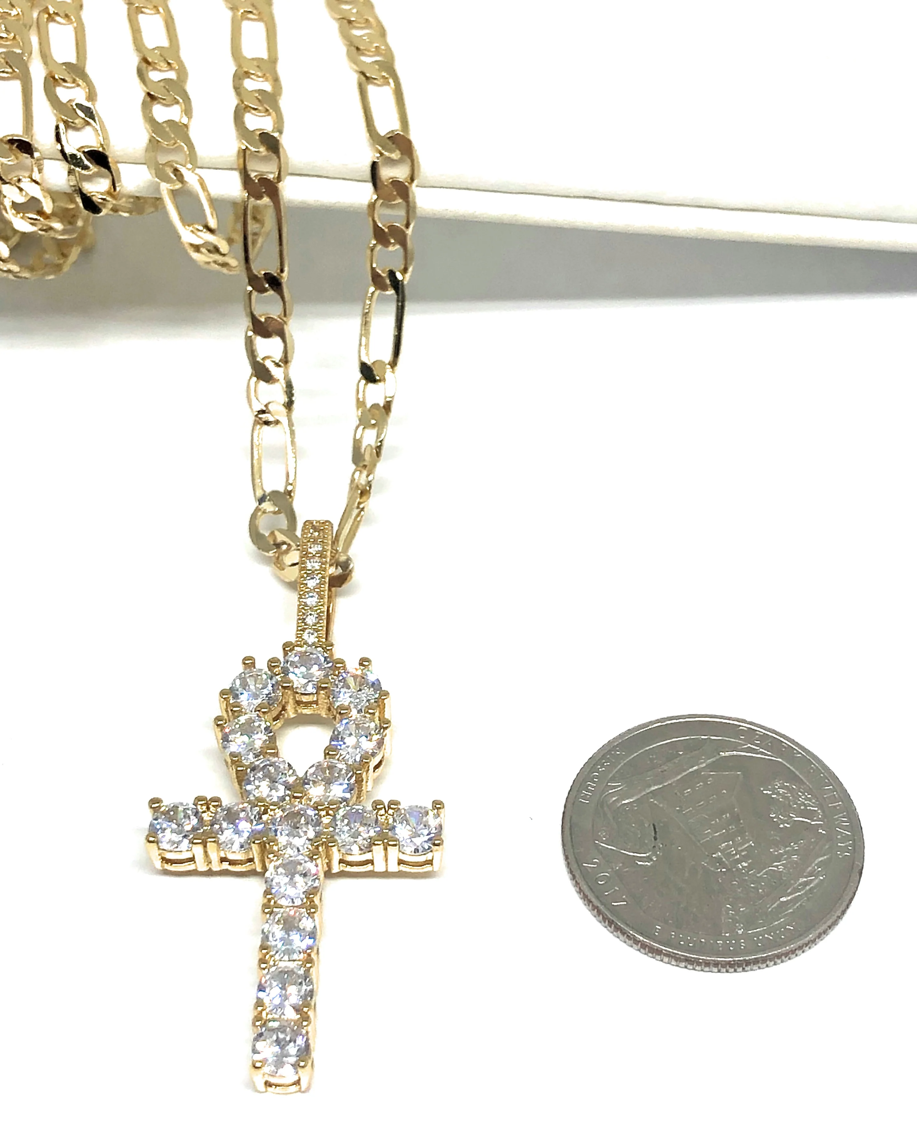 Gold Plated Cubic Zirconia Ankh Cross 24” Necklace Cruz - Image 2