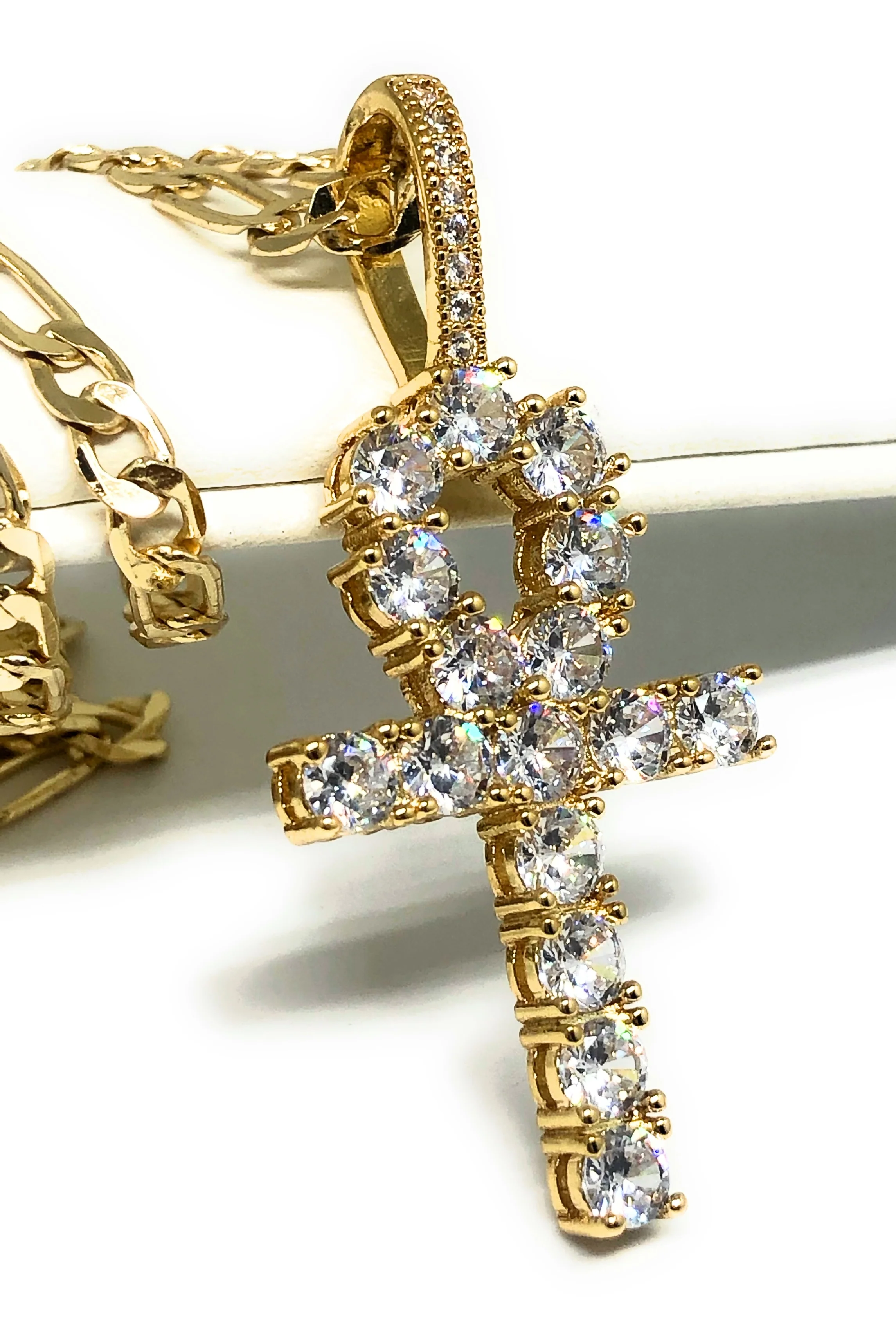 Gold Plated Cubic Zirconia Ankh Cross 24” Necklace Cruz - Image 3